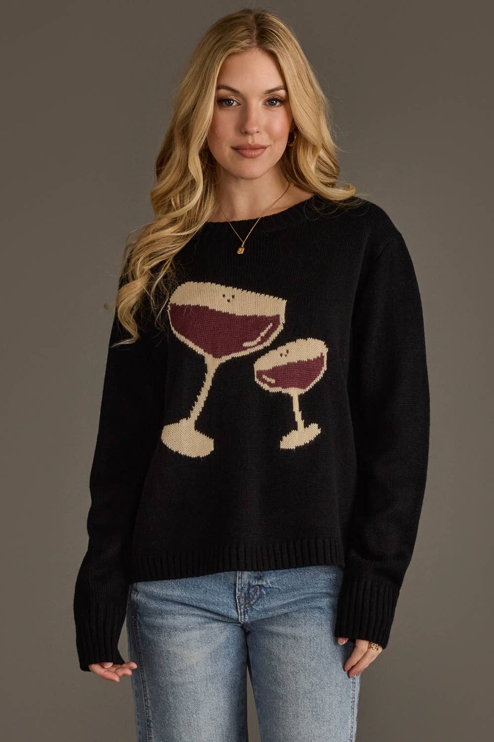 espresso martini black graphic knit sweater at the rustic barn in killingworth ct