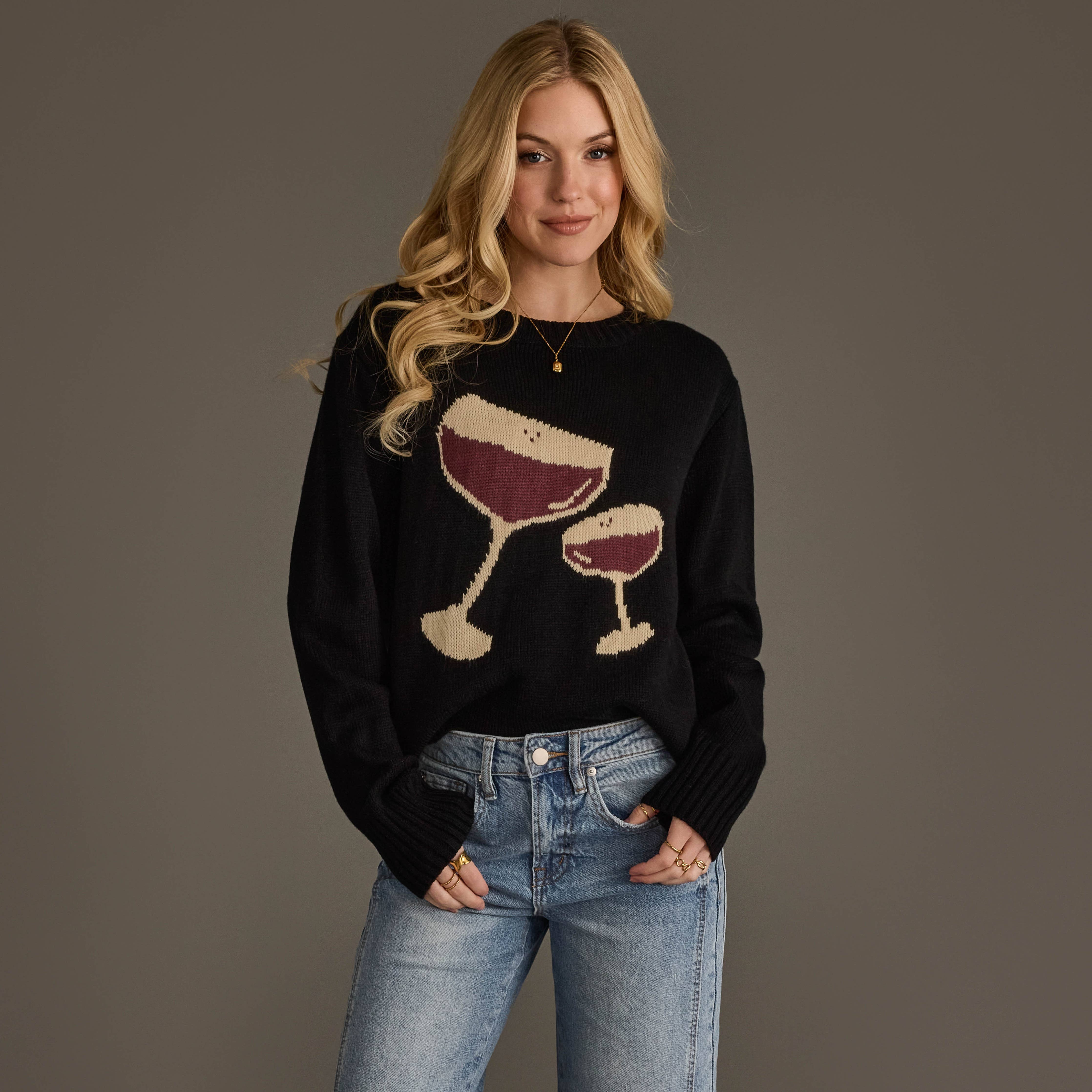 espresso martini black graphic knit sweater at the rustic barn in killingworth ct