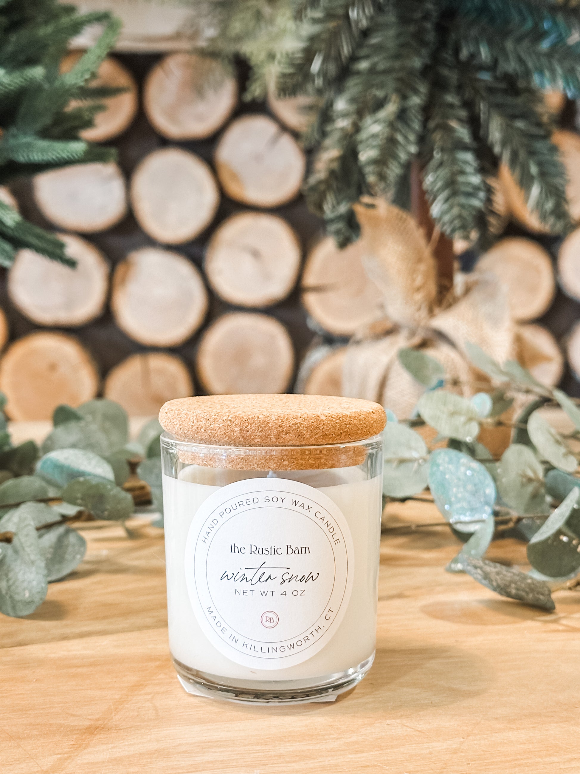 eucalyptus, cypress, and tonka bean hand-poured soy candle in 4 oz mini tumbler at The Rustic Barn in Killingworth CT
