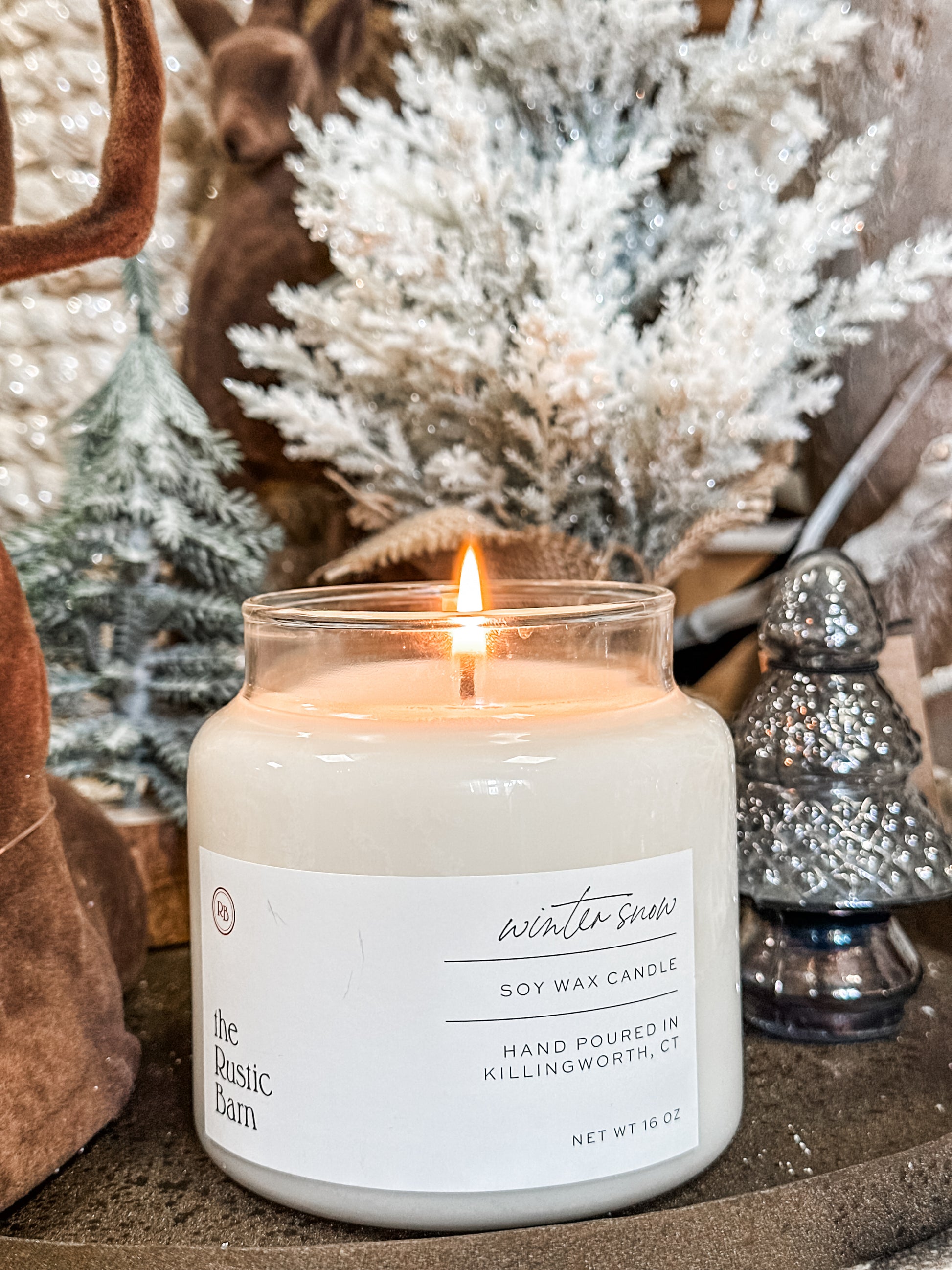 eucalyptus, cypress, and tonka bean hand-poured soy candle in 16 oz apothecary jar at The Rustic Barn in Killingworth CT