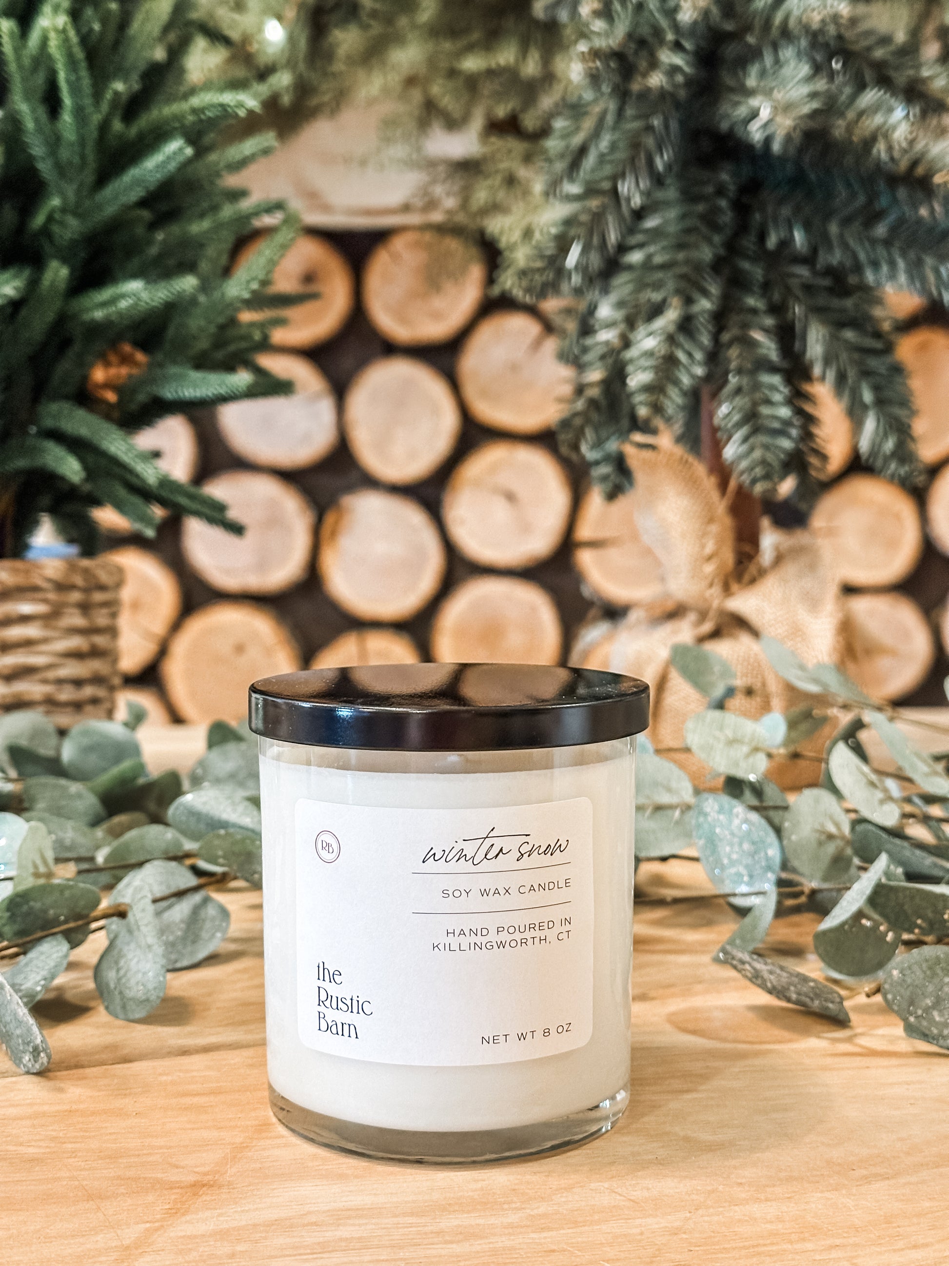 eucalyptus, cypress, and tonka bean hand-poured soy candle in 8 oz tumbler at The Rustic Barn in Killingworth CT