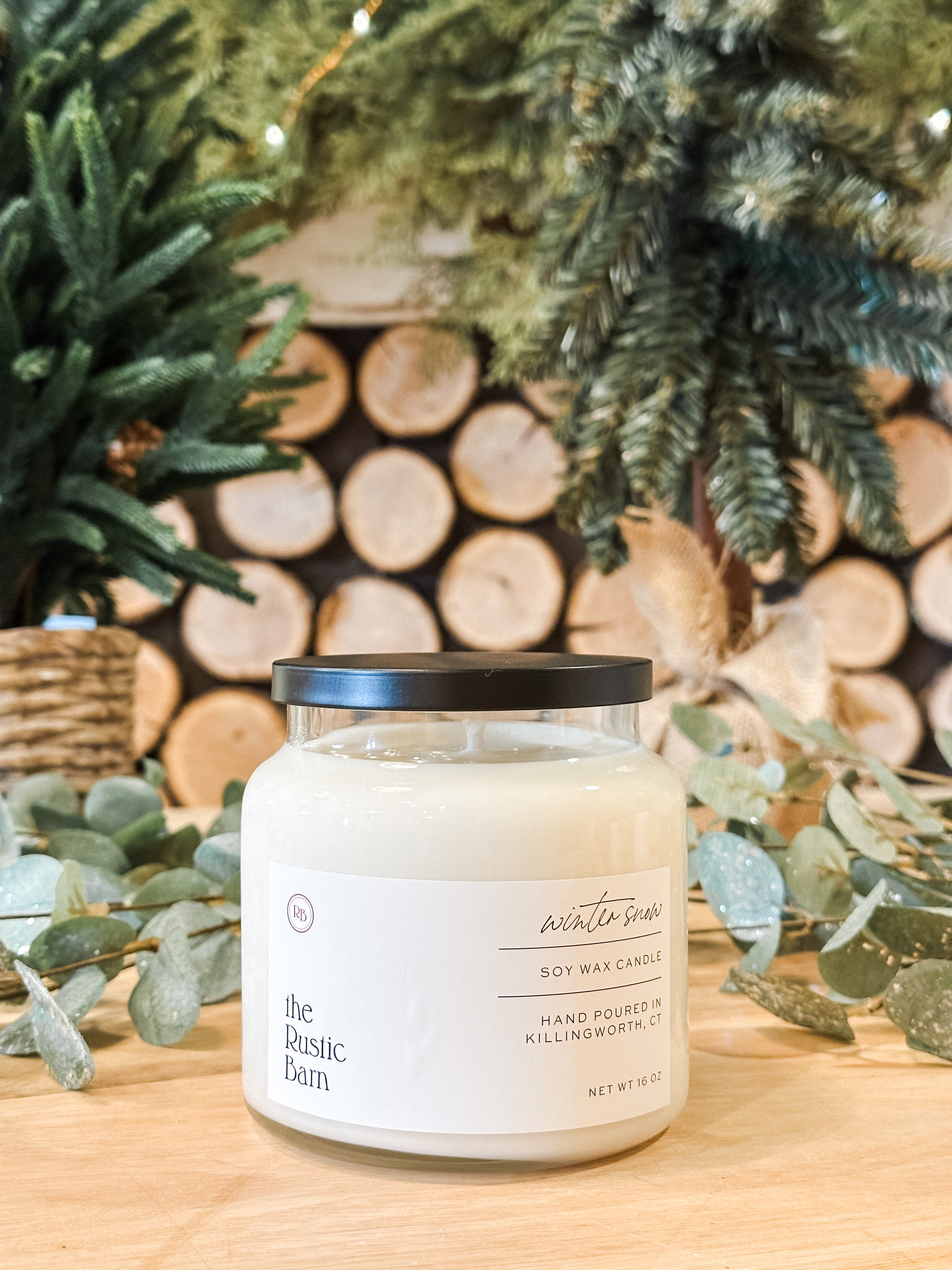 eucalyptus, cypress, and tonka bean hand-poured soy candle in 16 oz apothecary jar at The Rustic Barn in Killingworth CT