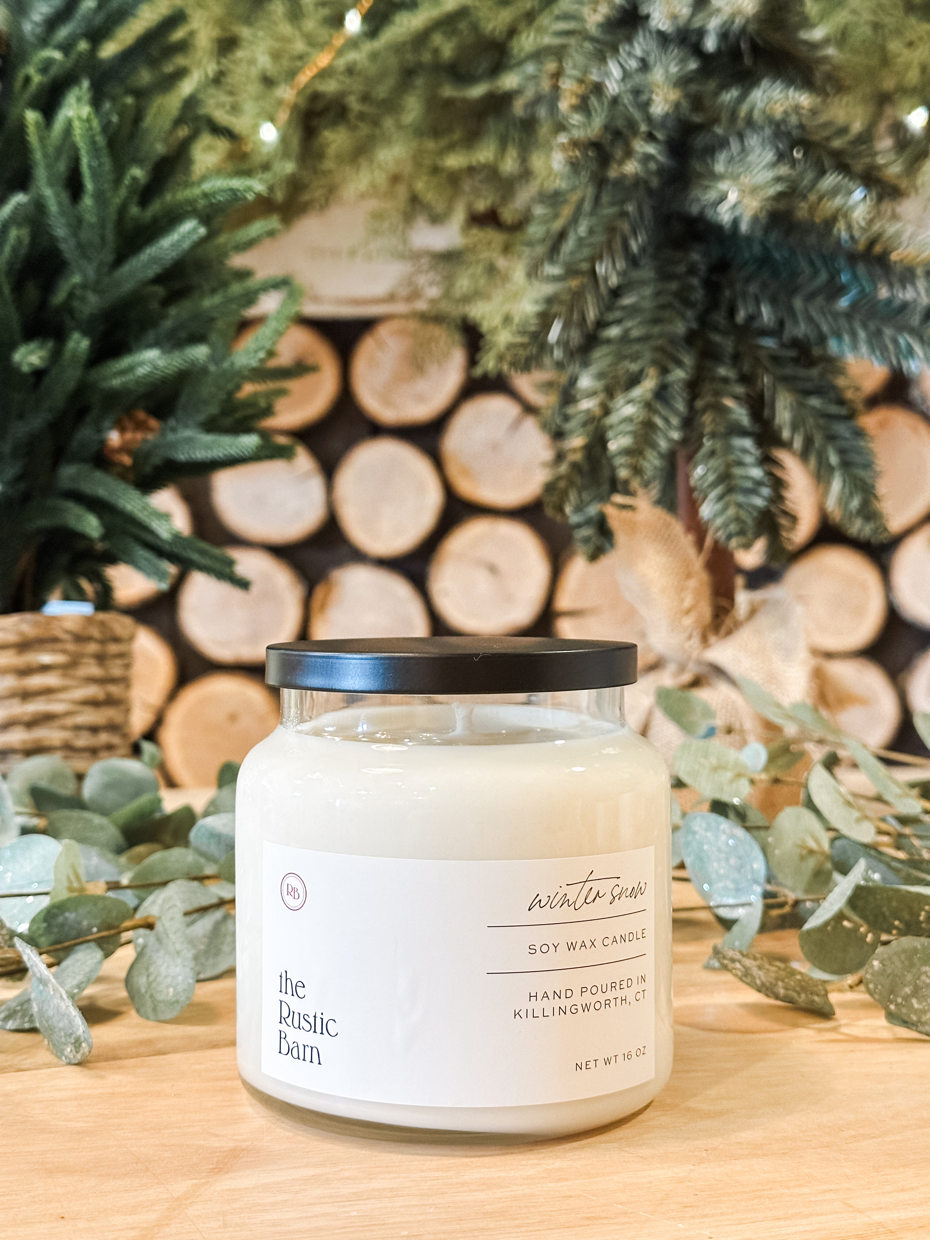 eucalyptus, cypress, and tonka bean hand-poured soy candle in 16 oz apothecary jar at The Rustic Barn in Killingworth CT