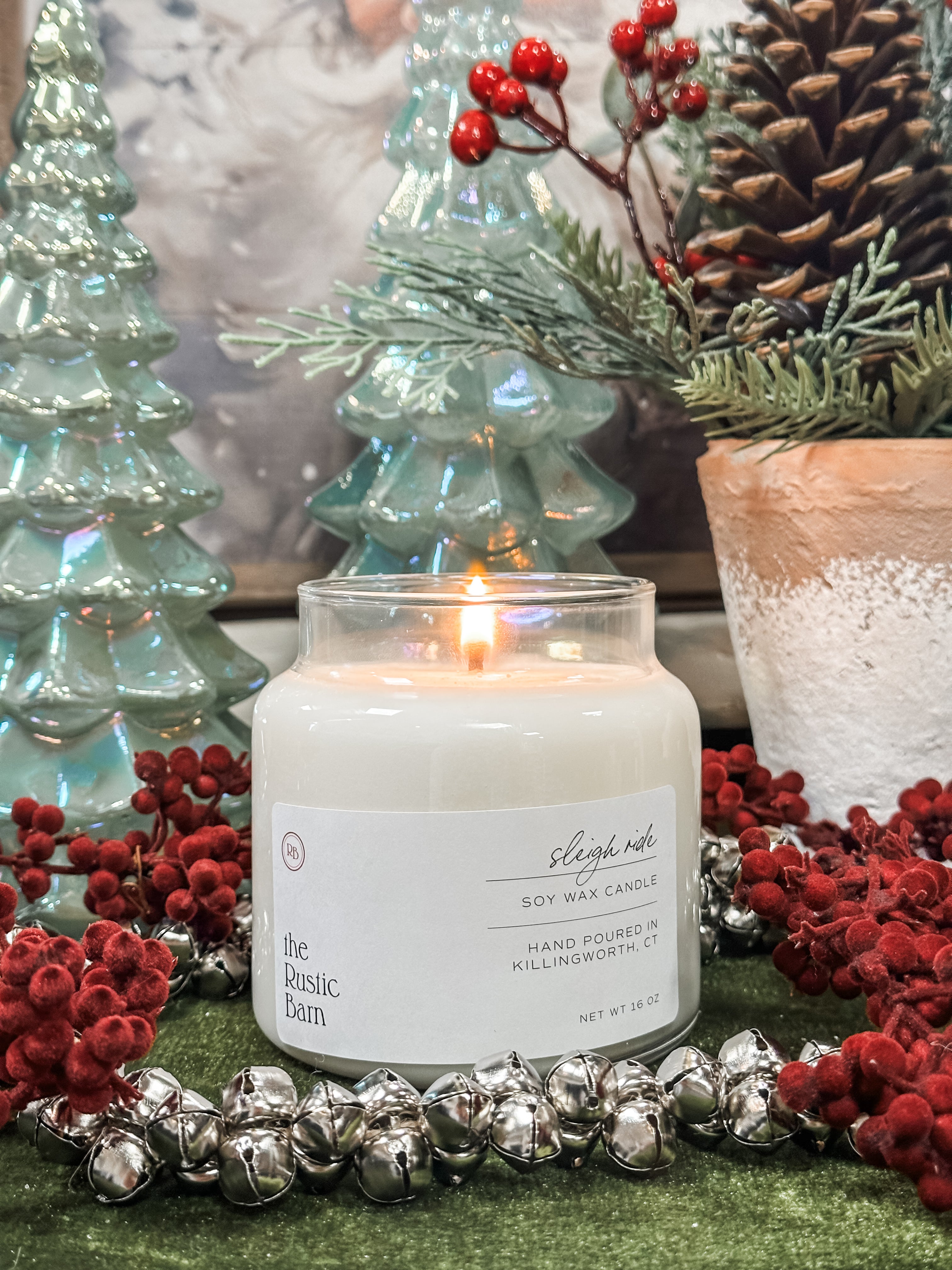 eucalyptus, pine, rosemary, oak moss, and cedar hand-poured soy candle at The Rustic Barn in Killingworth CT