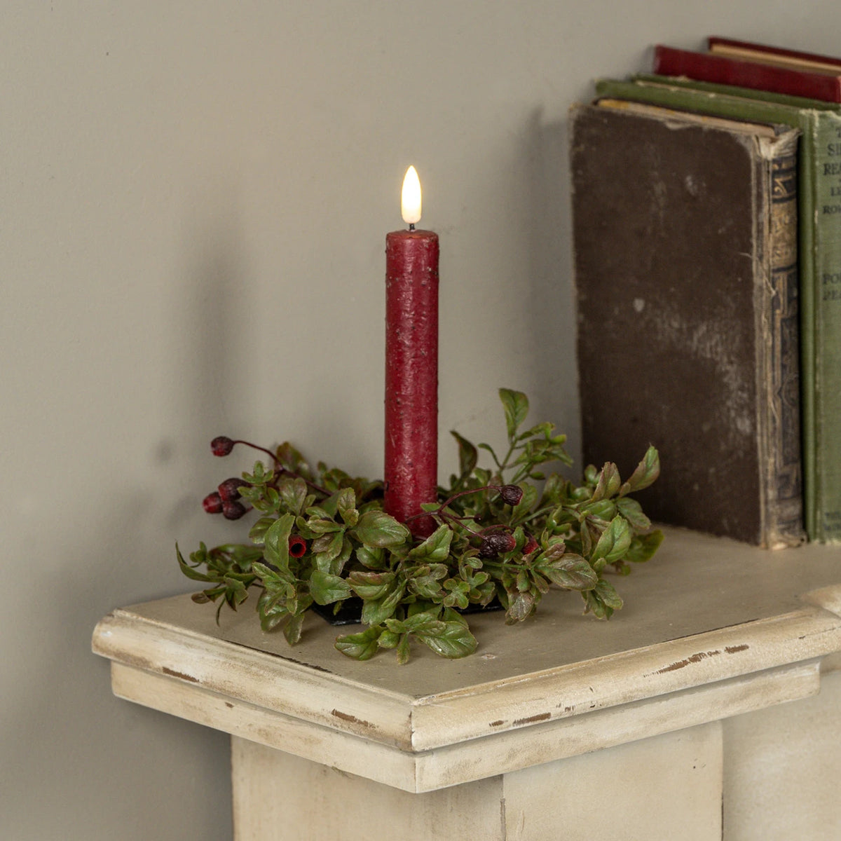 evergreen red berry christmas candle taper ring home decor for sale at the rustic barn in killingworth, CT