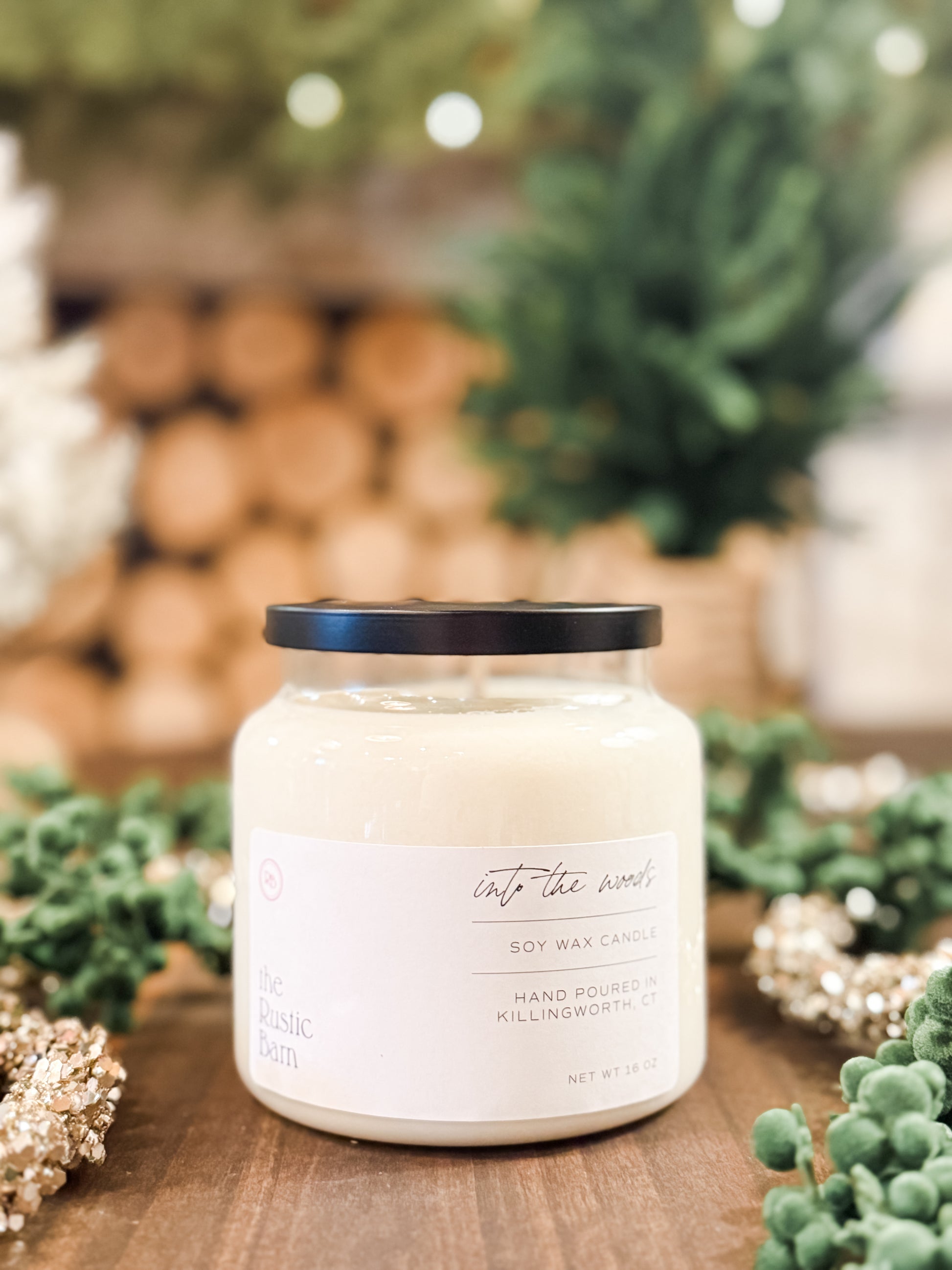 evergreen sprue and moss hand-poured 16 ounce soy candle at The Rustic Barn in Killingworth CT