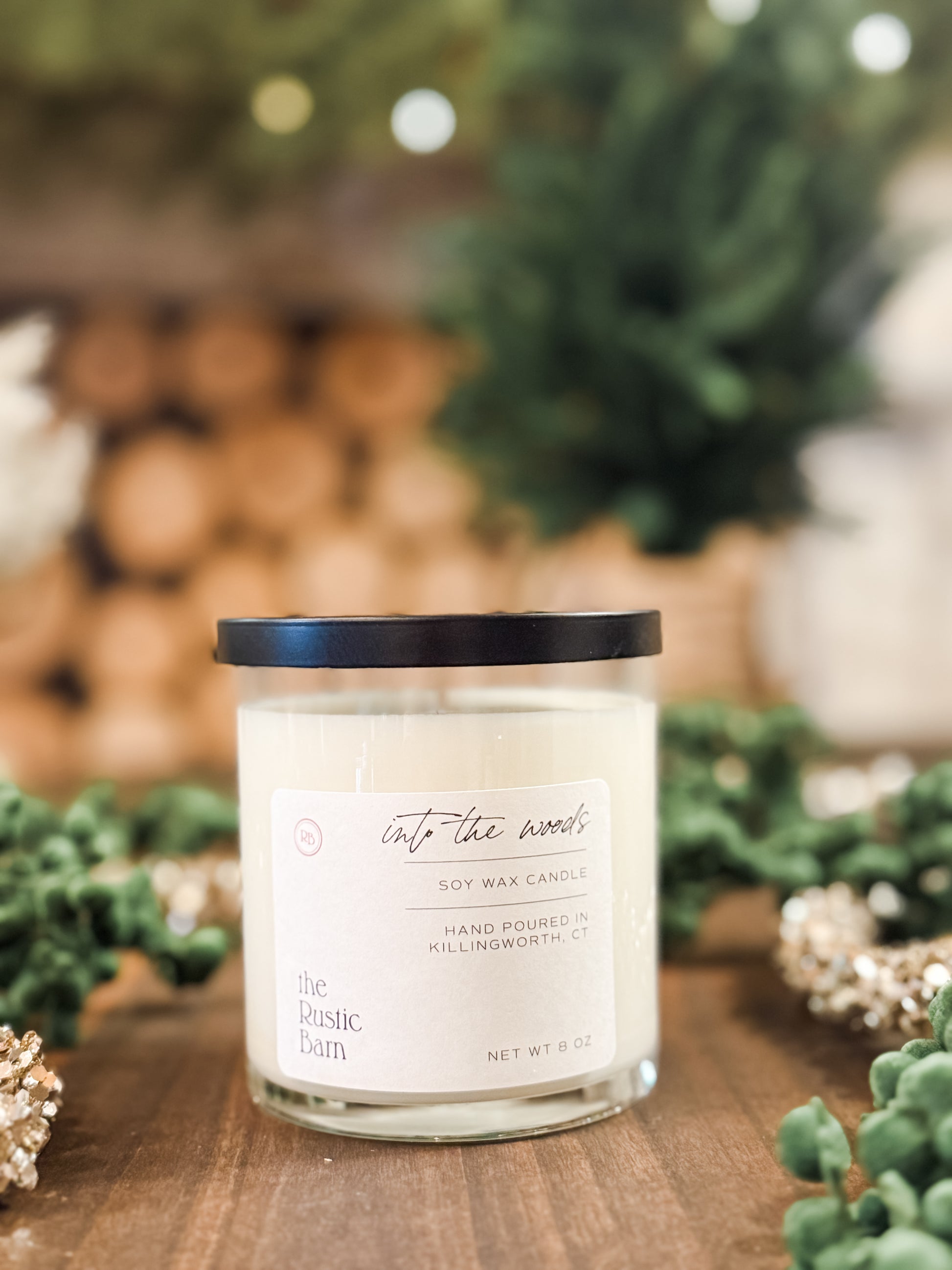 evergreen sprue and moss hand-poured 8 ounce soy candle at The Rustic Barn in Killingworth CT