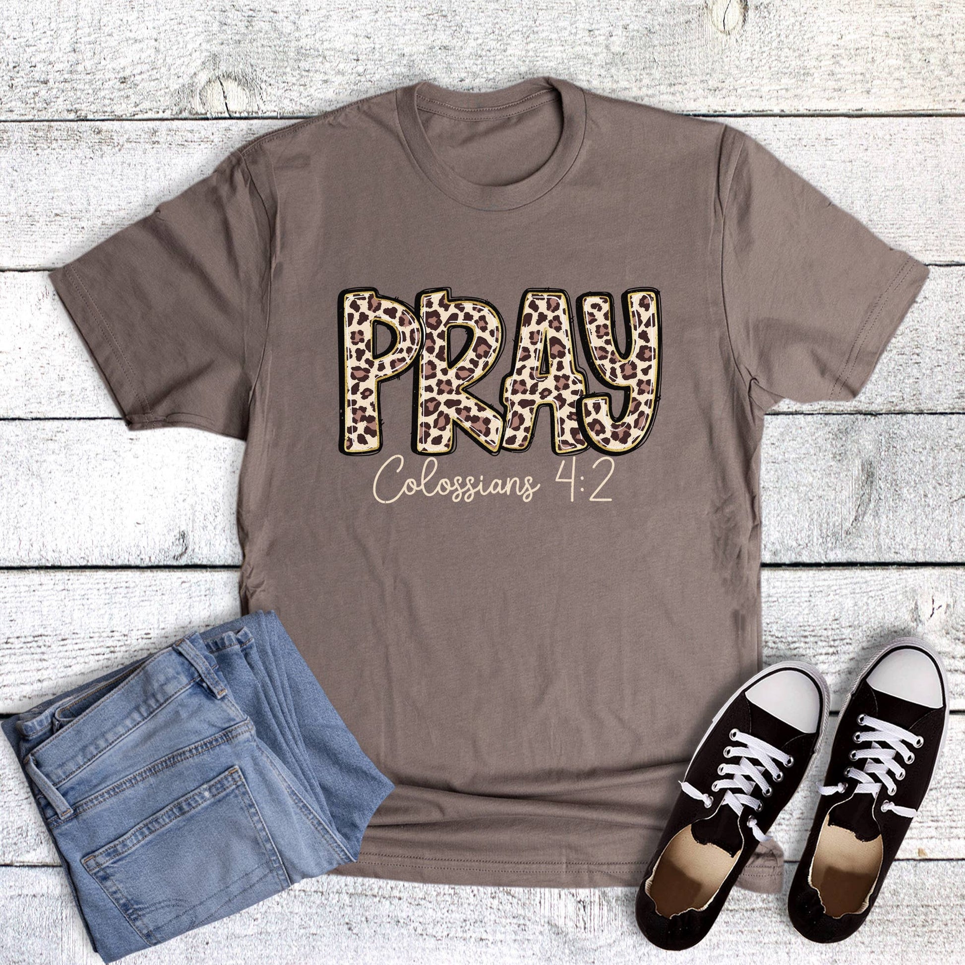faith leopard pray colossians shitake graphic tee at the rustic barn in Killingworth ct