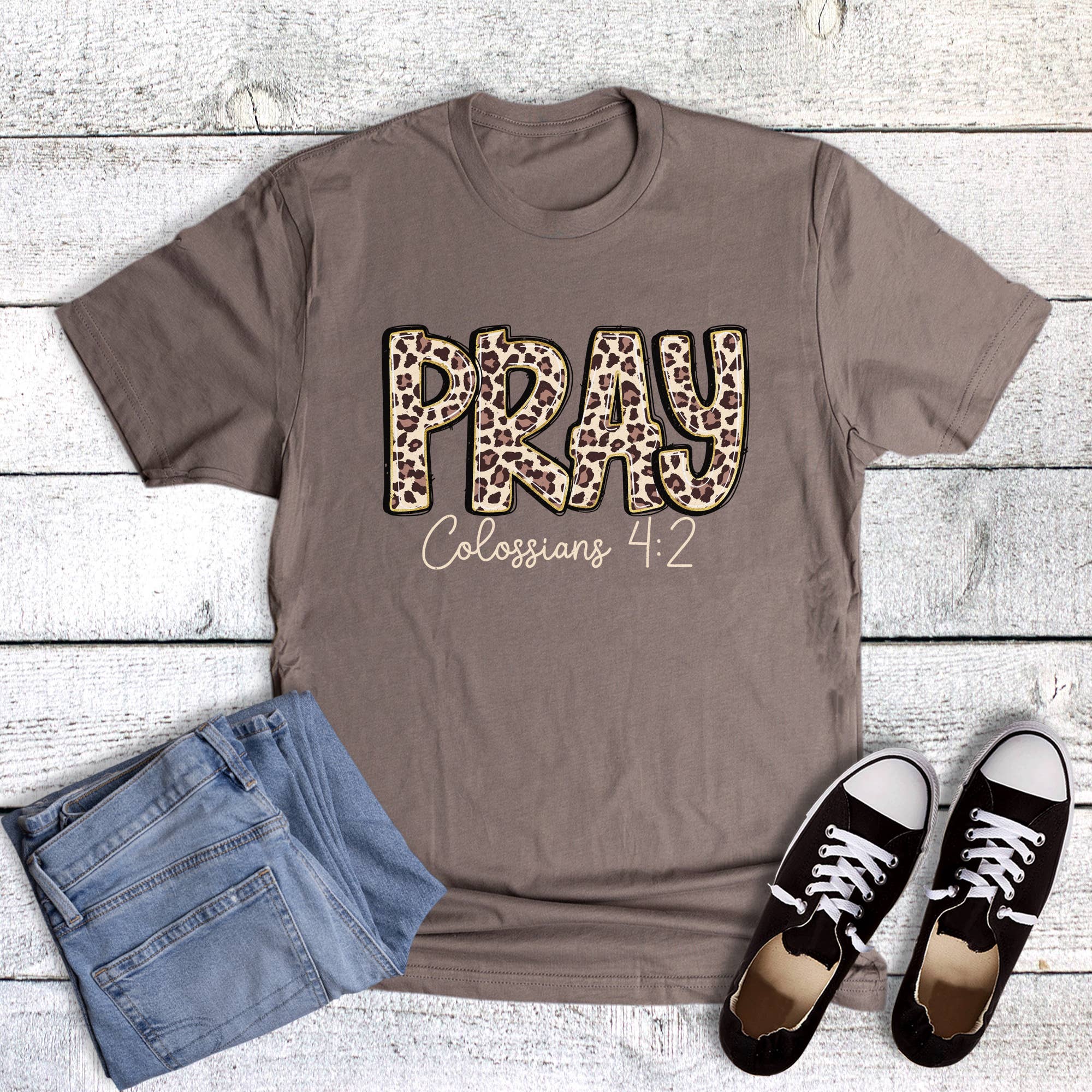 faith leopard pray colossians shitake graphic tee at the rustic barn in Killingworth ct