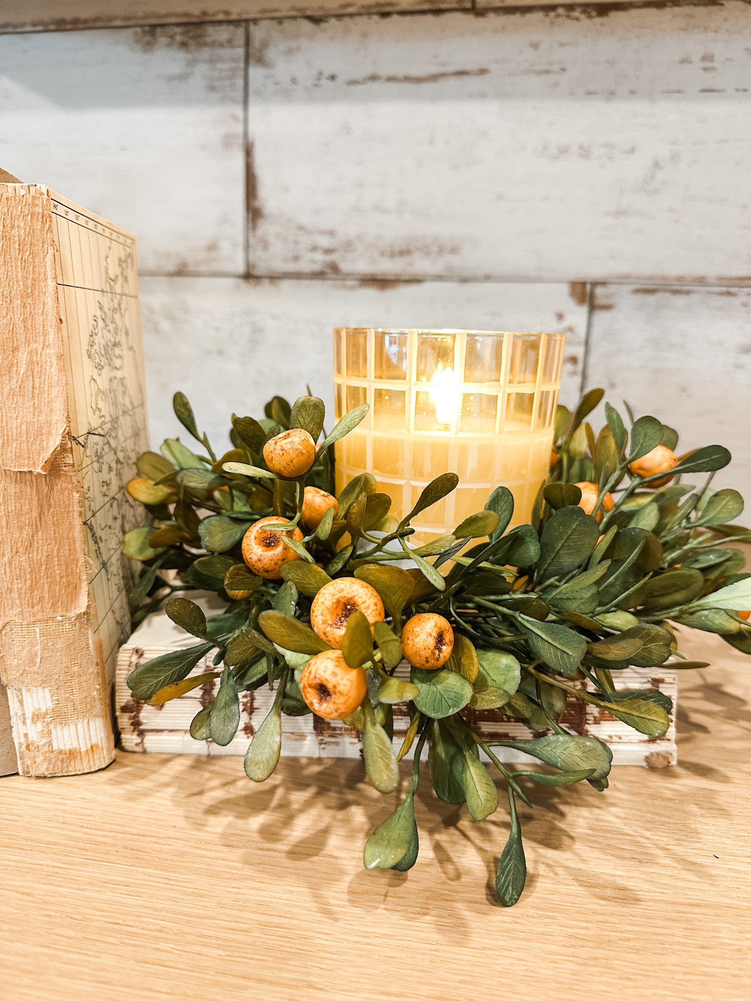 fall olive leaf candle ring at the rustic barn in killingworth ct