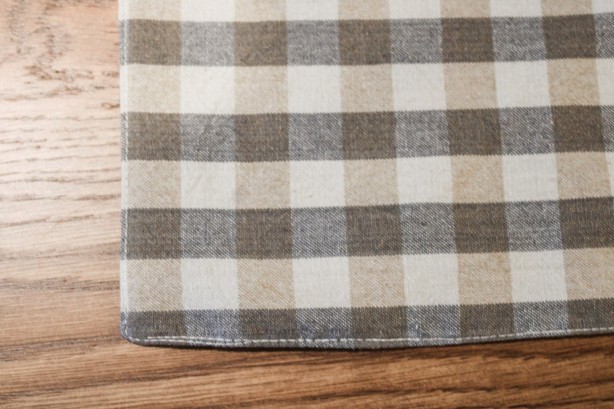 gingham grey and white placemat for the holidays farmhouse aesthetic cotton woven placemat for sale at the rustic barn in killingworth, CT