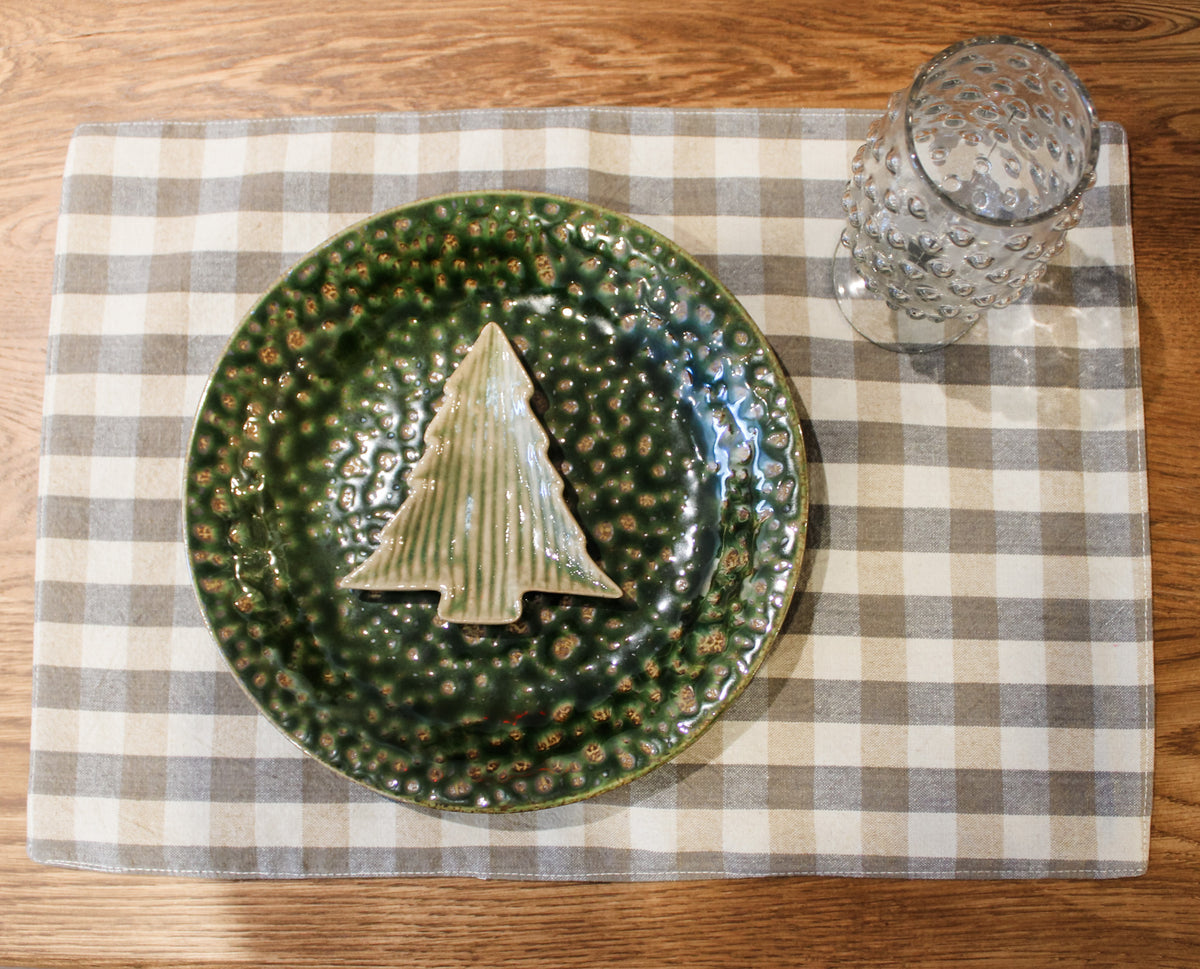 gingham grey and white placemat for the holidays farmhouse aesthetic cotton woven placemat for sale at the rustic barn in killingworth, CT