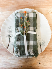farmhouse plaid handwoven linen napkins with fringe at the rustic barn in killingworth ct