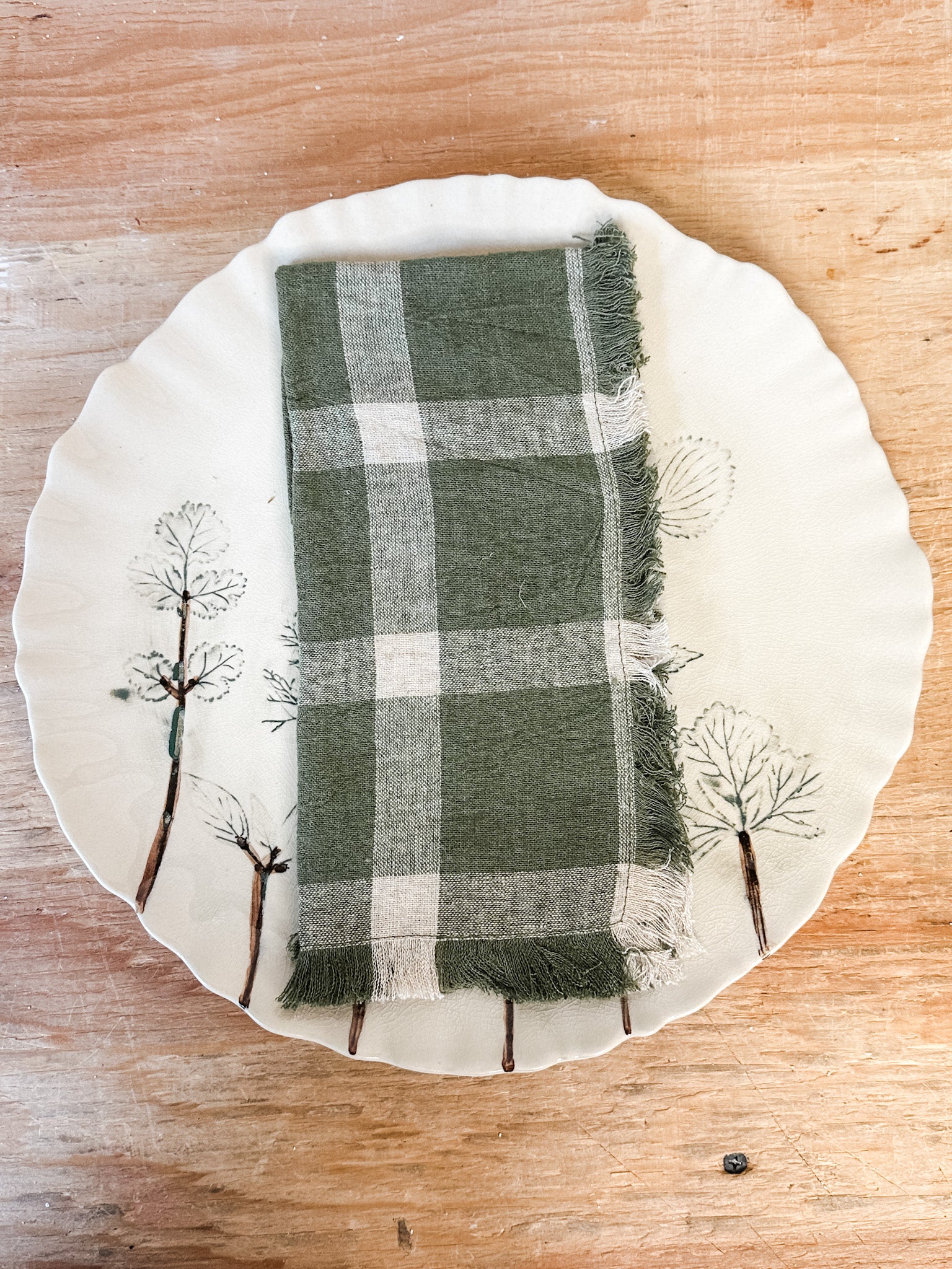 farmhouse plaid handwoven linen napkins with fringe at the rustic barn in killingworth ct