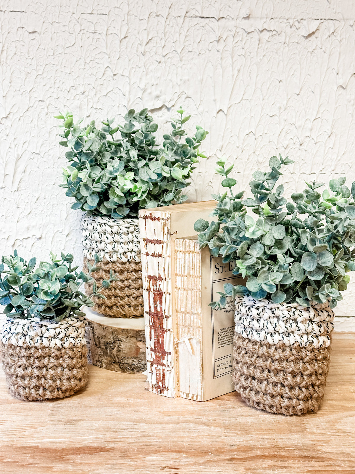 Artificial Eucalyptus Plants in Hand-Woven Boho Pots