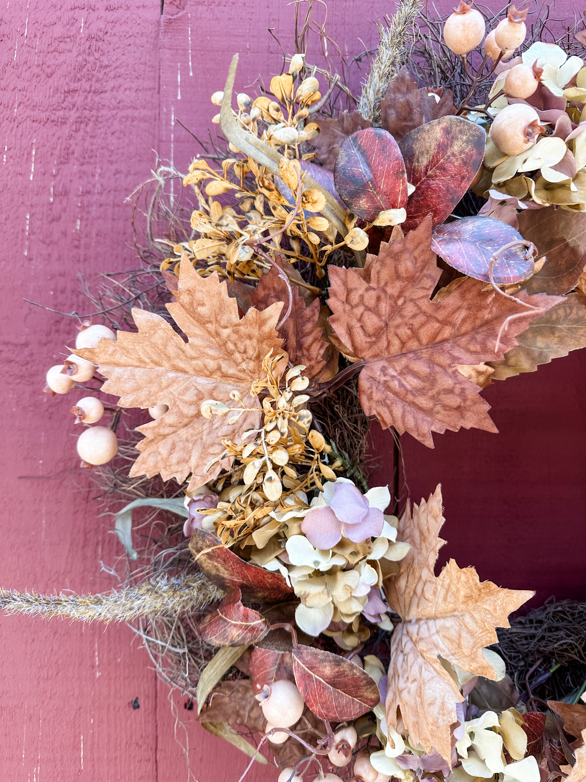 faux maple leaf and berry fall wreath at The Rustic Barn in Killingworth CT