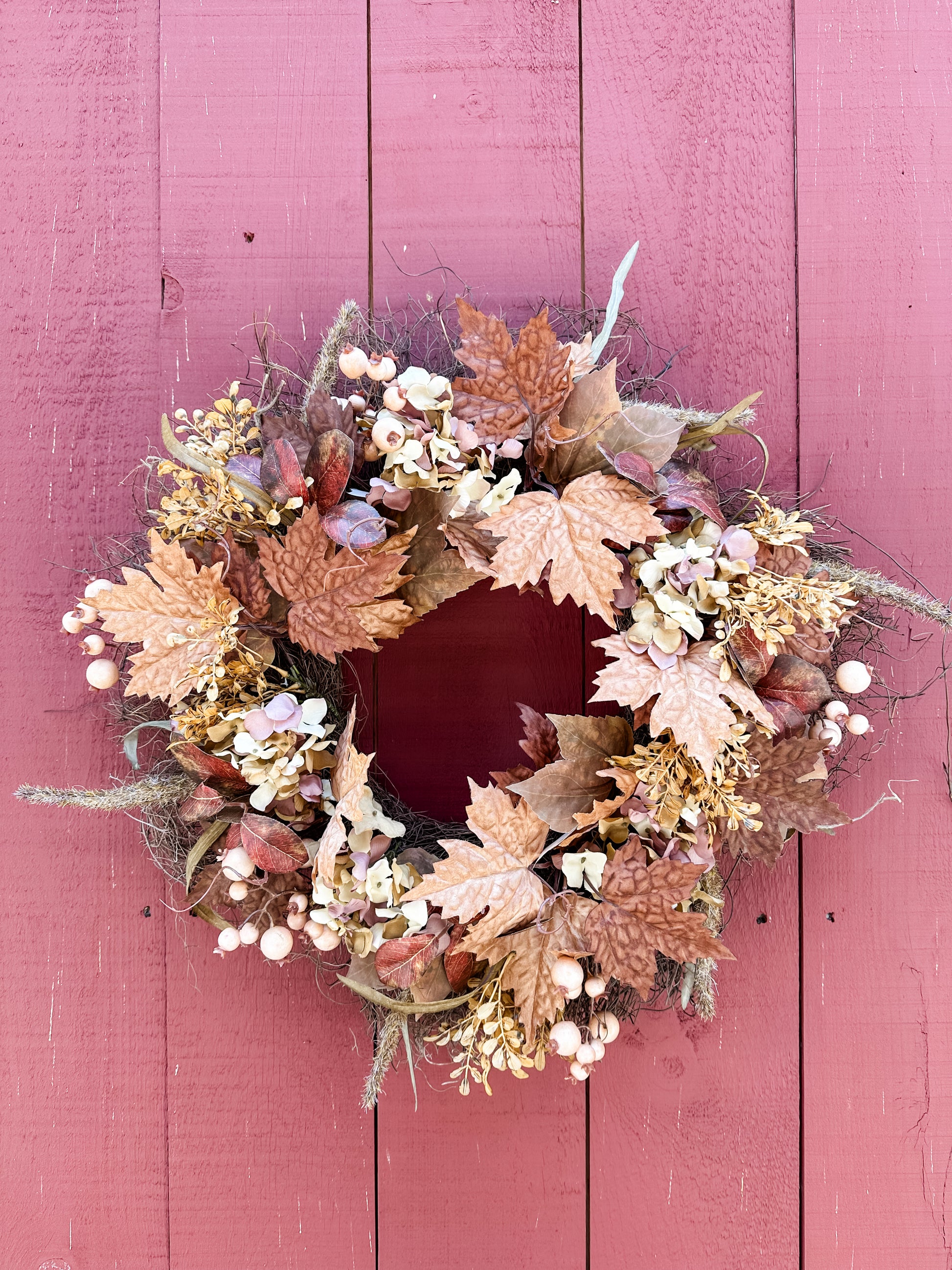 faux maple leaf and berry fall wreath at The Rustic Barn in Killingworth CT