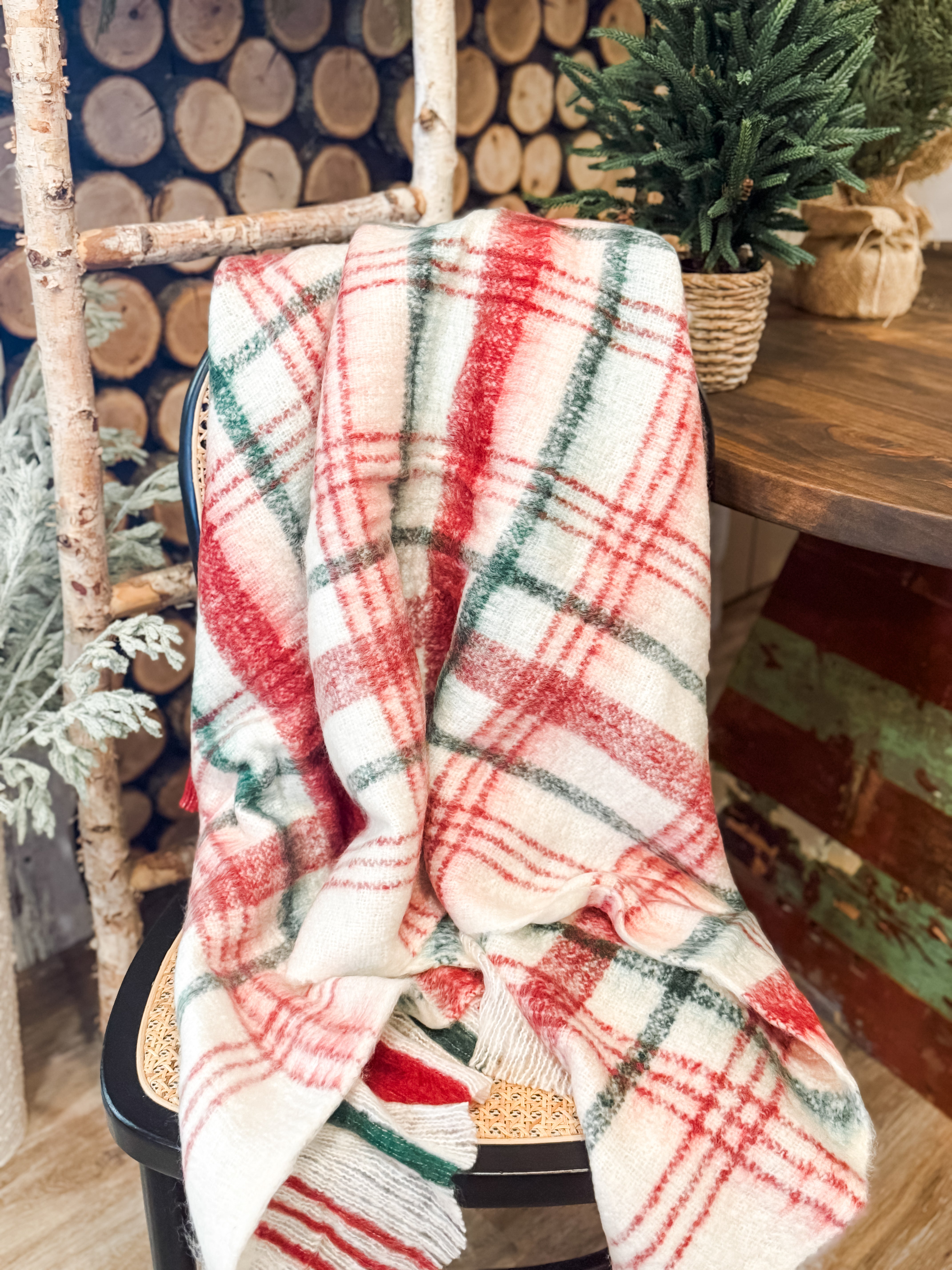 faux mohair plaid throw red white and green at The Rustic Barn in Killingworth CT