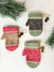 Felt mitten ornaments with pinecone detail for christmas for sale at the rustic barn in killingworth, CT