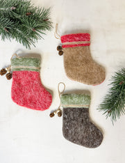 Felt stocking ornaments with natural pinecone detailing for sale at the rustic barn in killingworth, CT