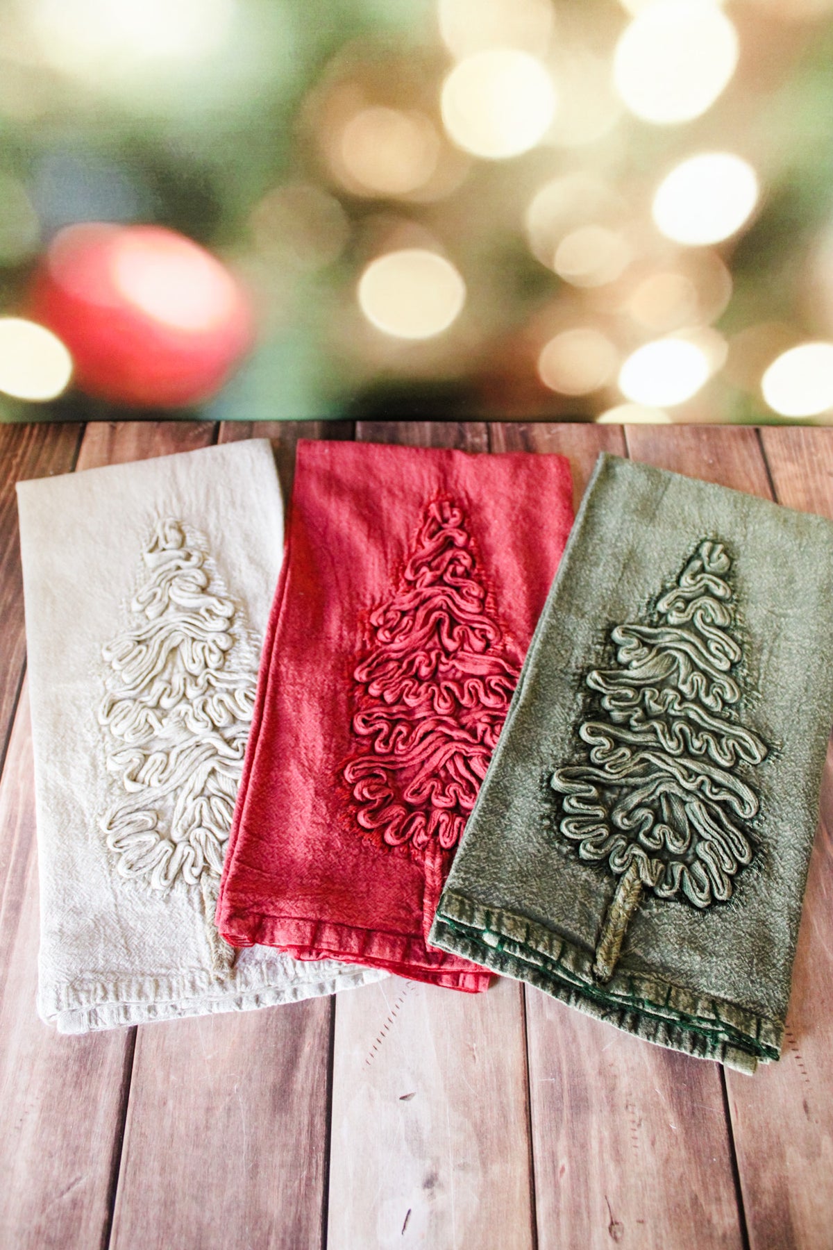 Festive christmas tree kitchen towels for holidays linen for sale at the rustic barn in Killingworth, CT