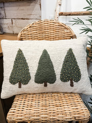 forest handwoven wool lumbar pillow with embroidered trees at the rustic barn in killingworth ct