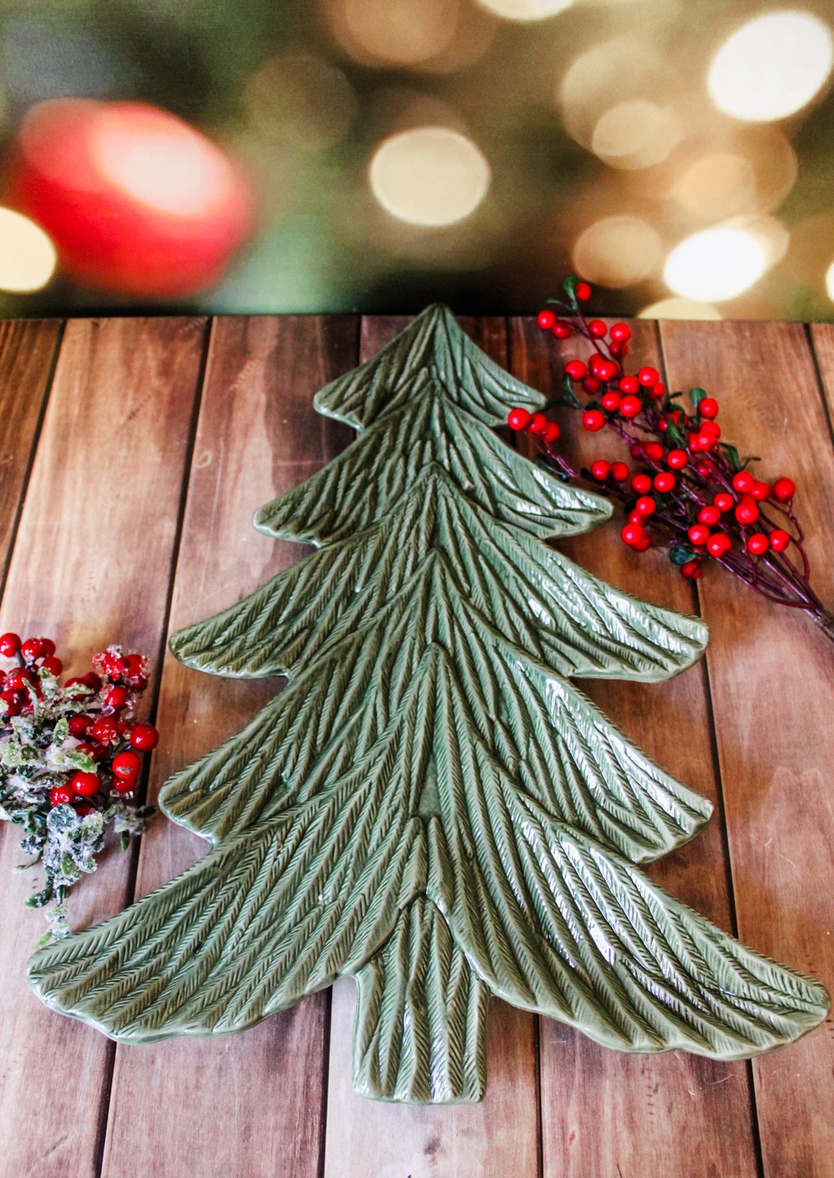 festive green christmas dish kitchenware home decor platter for holiday serving for sale at the rustic barn in killingworth, CT