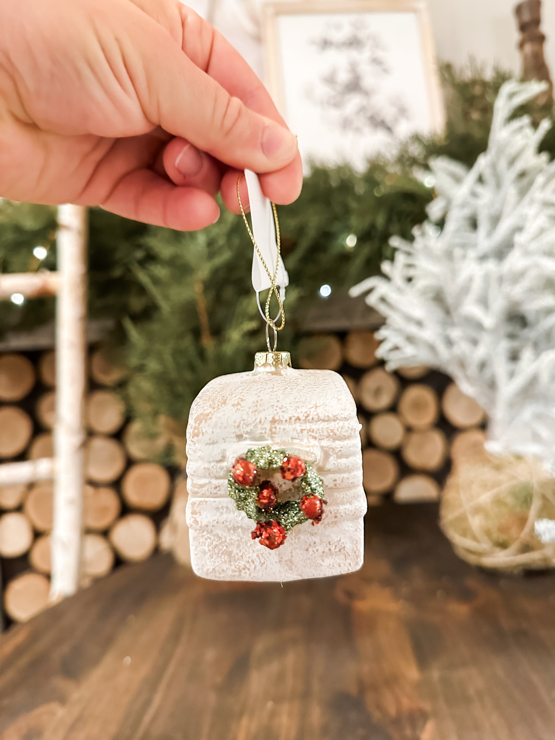 flocked glass camper ornament with snow at The Rustic Barn in Killingworth CT