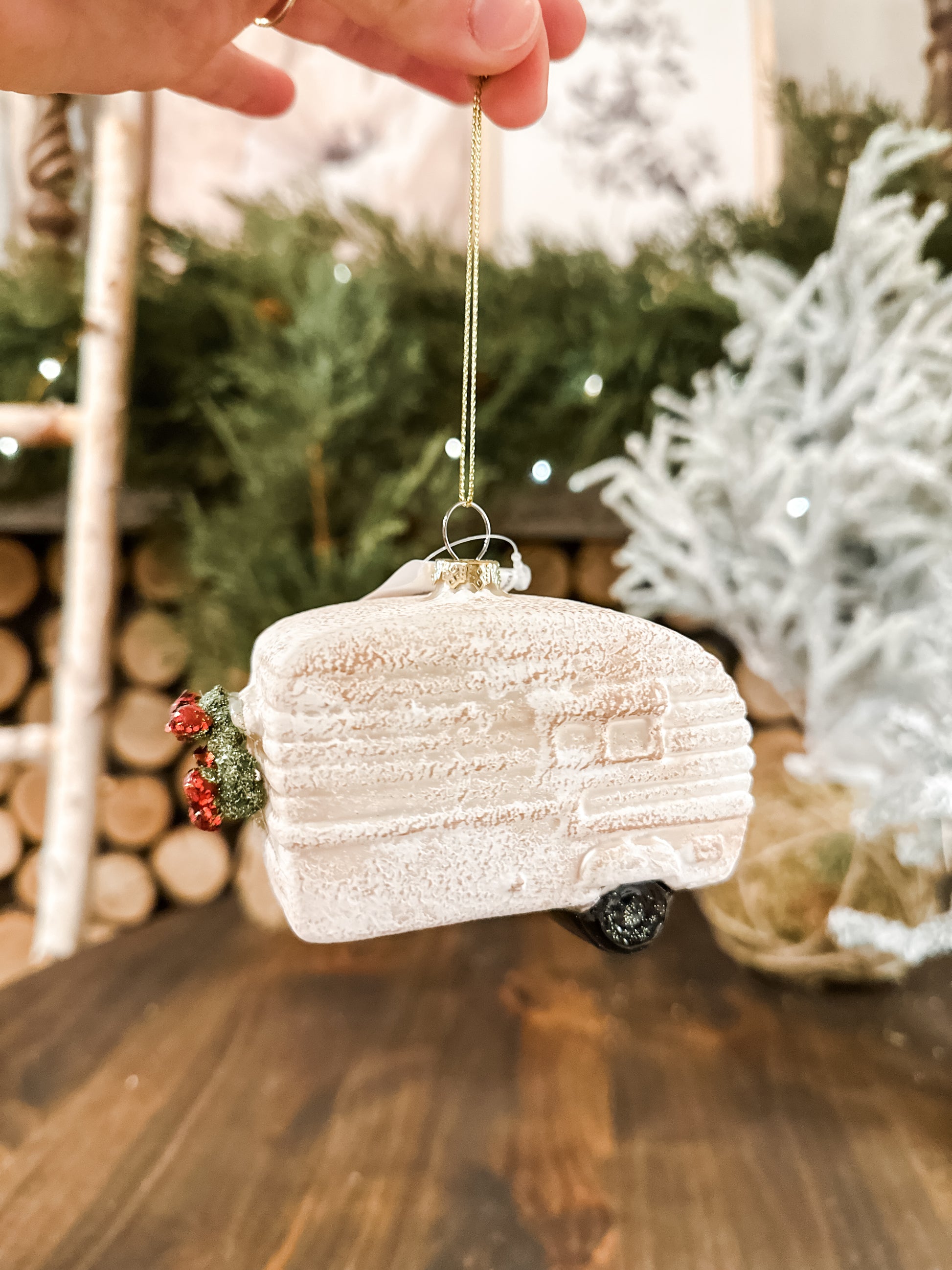 flocked glass camper ornament with snow at The Rustic Barn in Killingworth CT