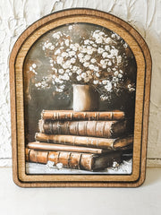 Floral Book Stack Arch Top Framed Canvas at the Rustic Barn in Killingworth, CT