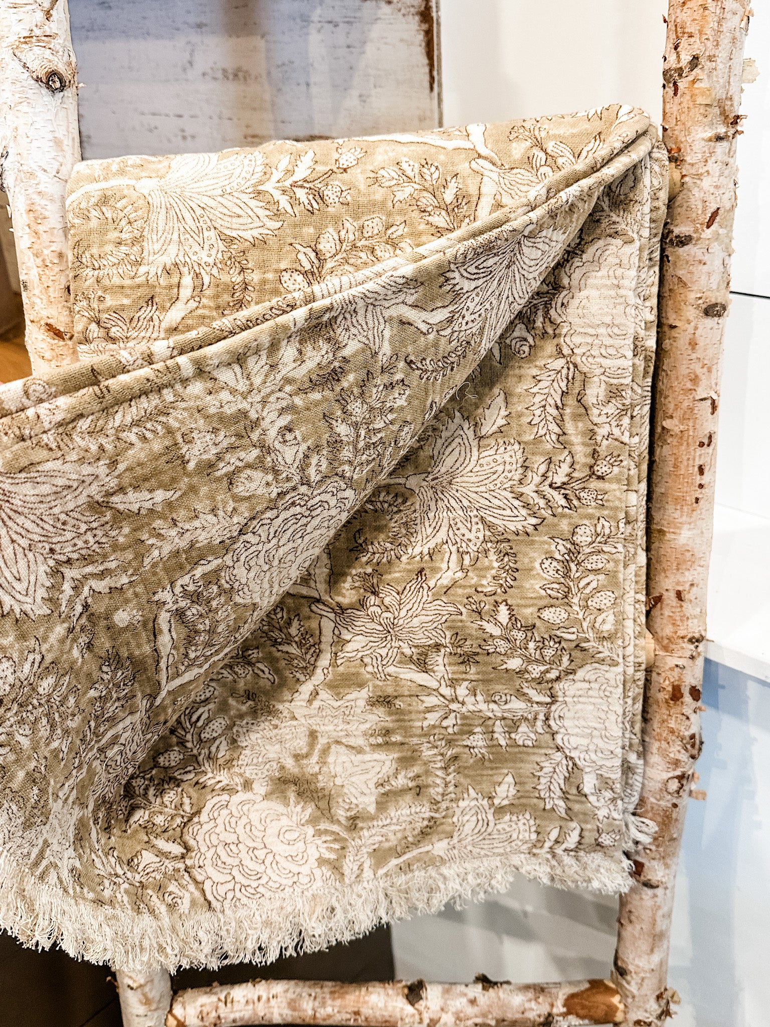 Floral cream and brown throw cotton blanket handcrafted from the rustic barn in killingworth, CT