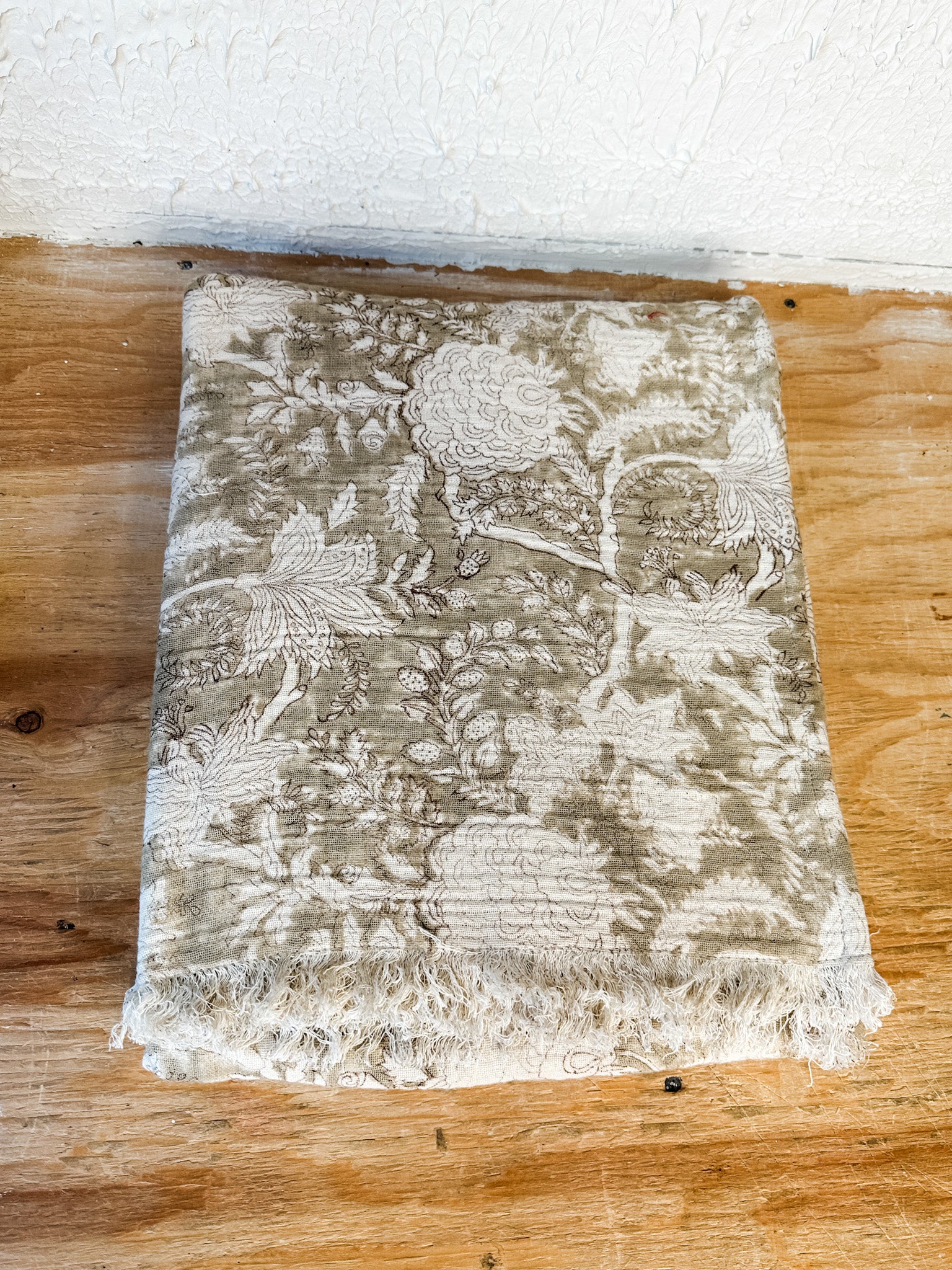 Floral cream and brown throw cotton blanket handcrafted from the rustic barn in killingworth, CT