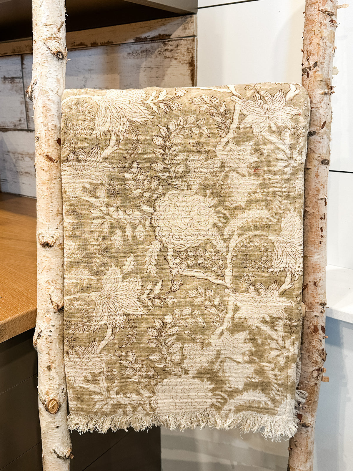 Floral cream and brown throw cotton blanket handcrafted from the rustic barn in killingworth, CT