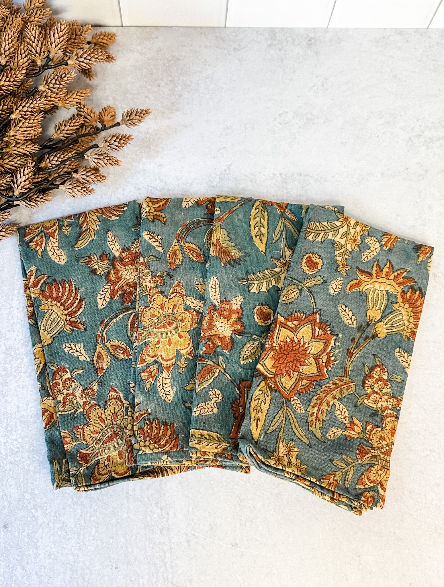 Artisanal floral block printed napkins blue and multi color cotton linen set of 4 from the rustic barn in killingworth, CT