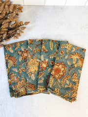 Artisanal floral block printed napkins blue and multi color cotton linen set of 4 from the rustic barn in killingworth, CT