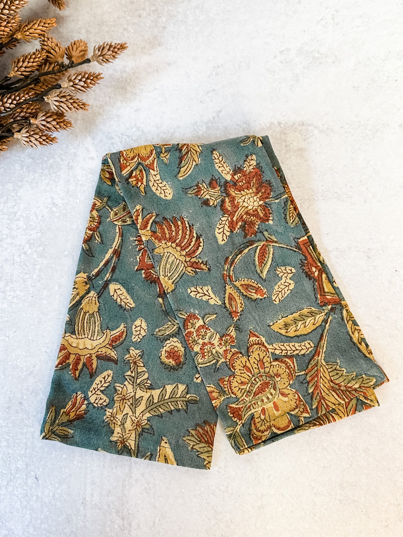 Artisanal floral block printed napkins blue and multi color cotton linen set of 4 from the rustic barn in killingworth, CT