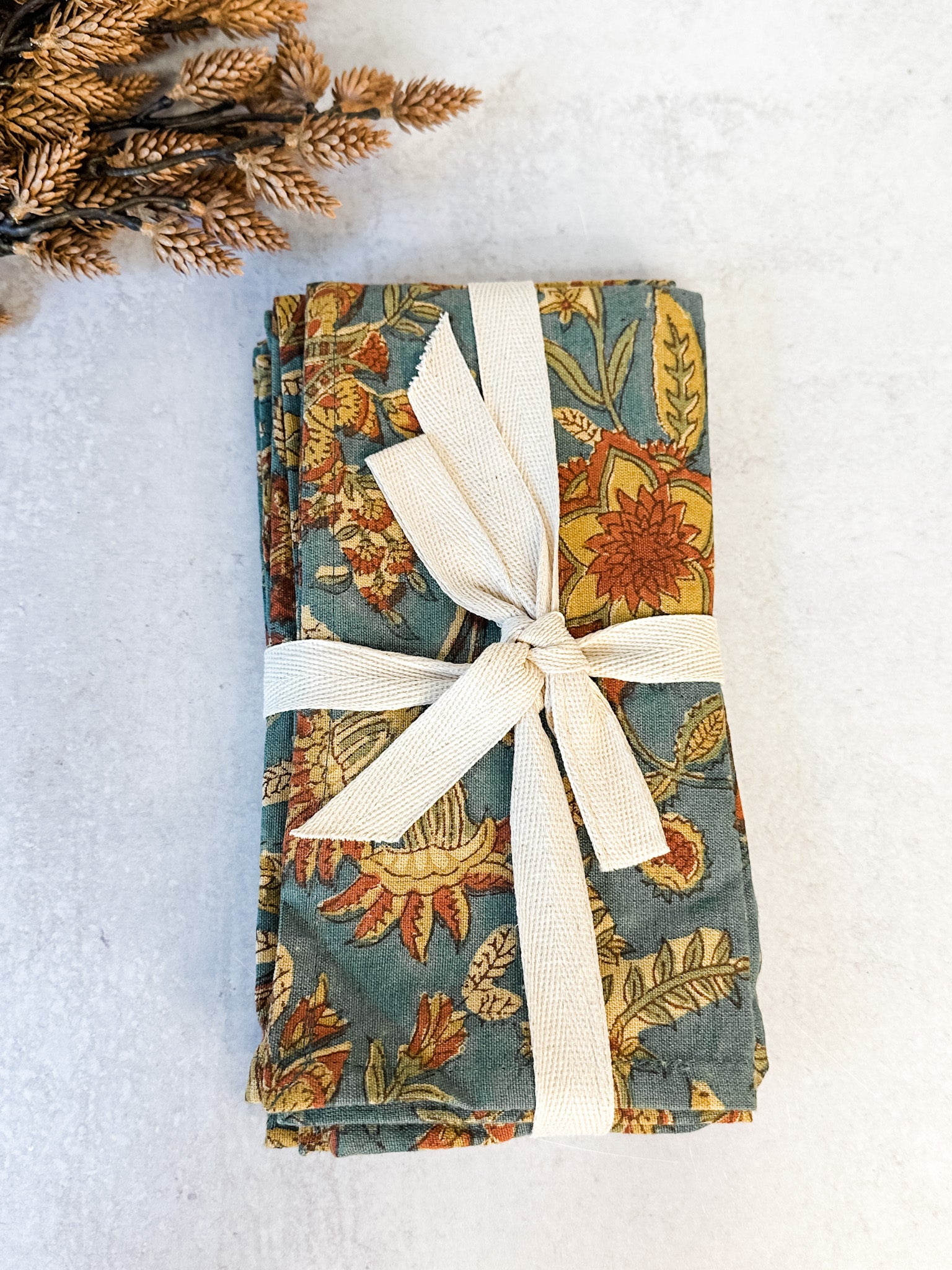 Artisanal floral block printed napkins blue and multi color cotton linen set of 4 from the rustic barn in killingworth, CT