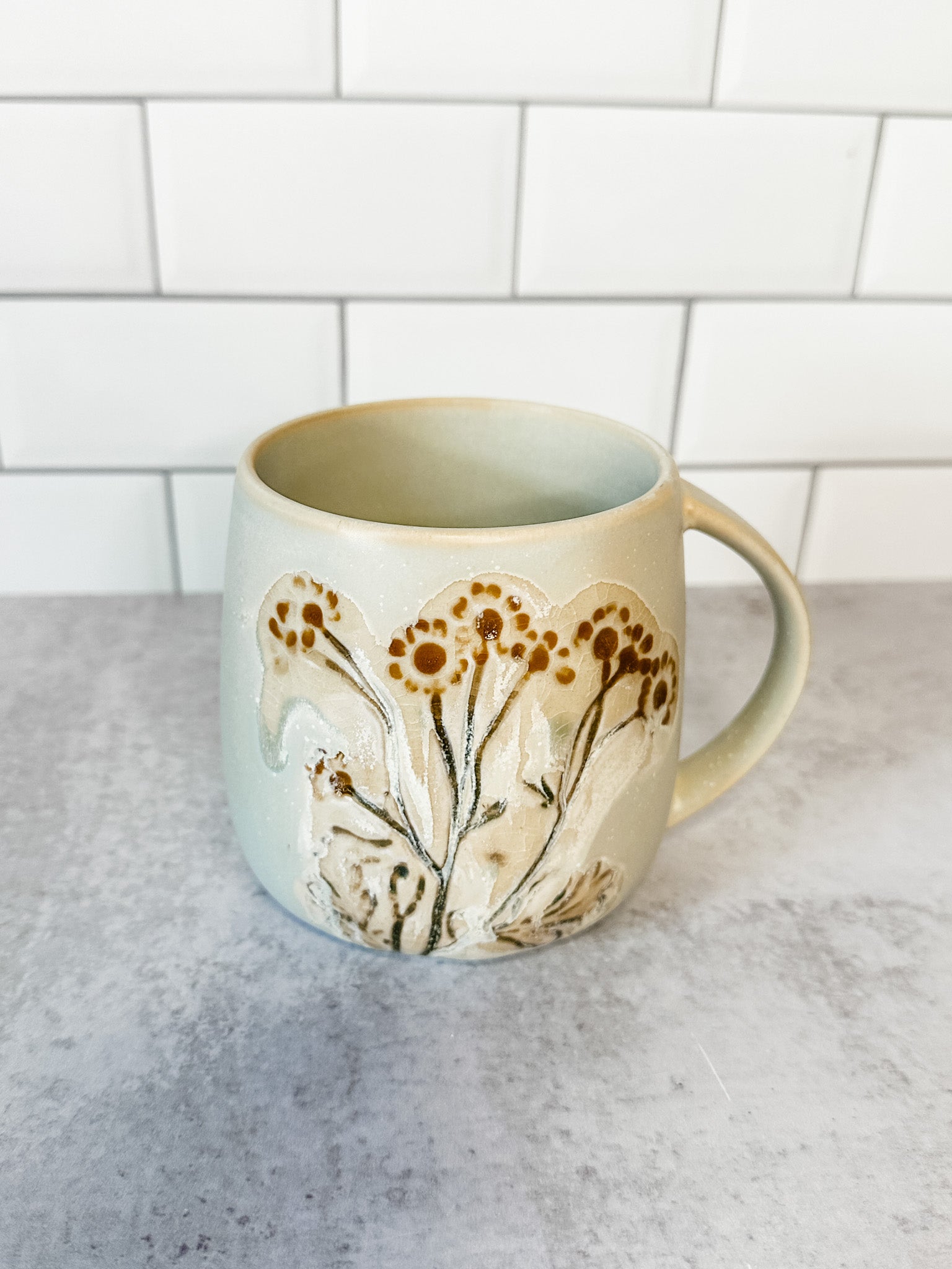 Floral hand painted stoneware mugs for fall for sale at the rustic barn in killingworth, CT