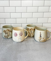 Floral hand painted stoneware mugs for fall for sale at the rustic barn in killingworth, CT
