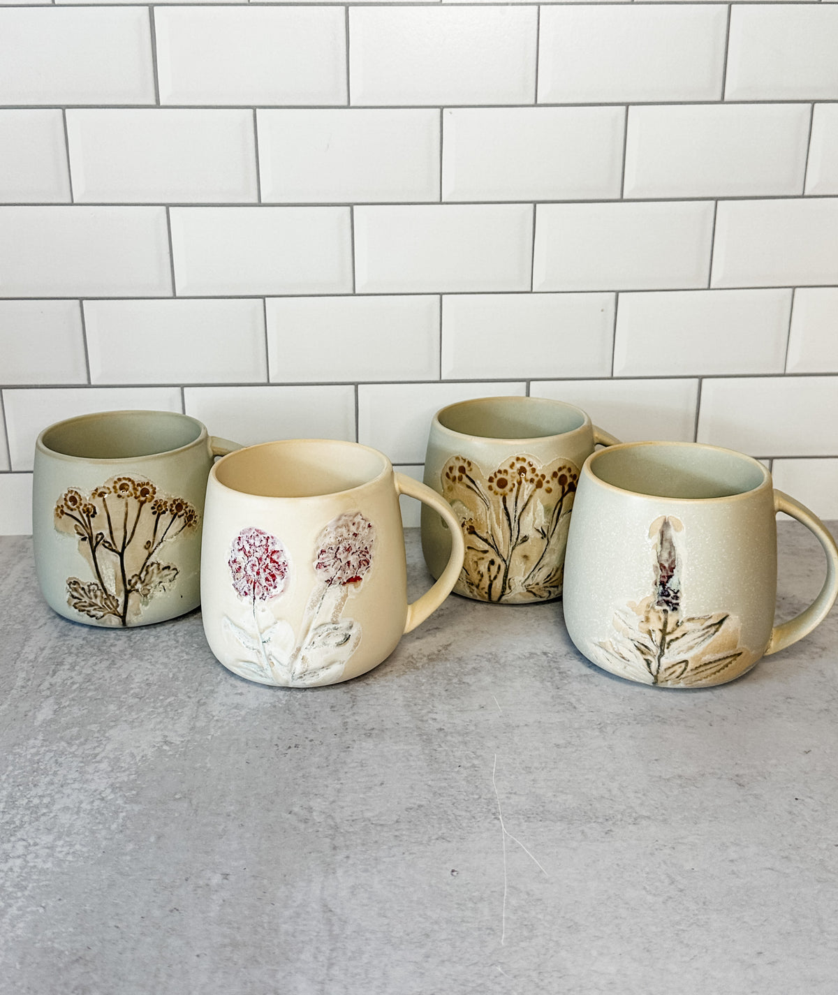 Floral hand painted stoneware mugs for fall for sale at the rustic barn in killingworth, CT