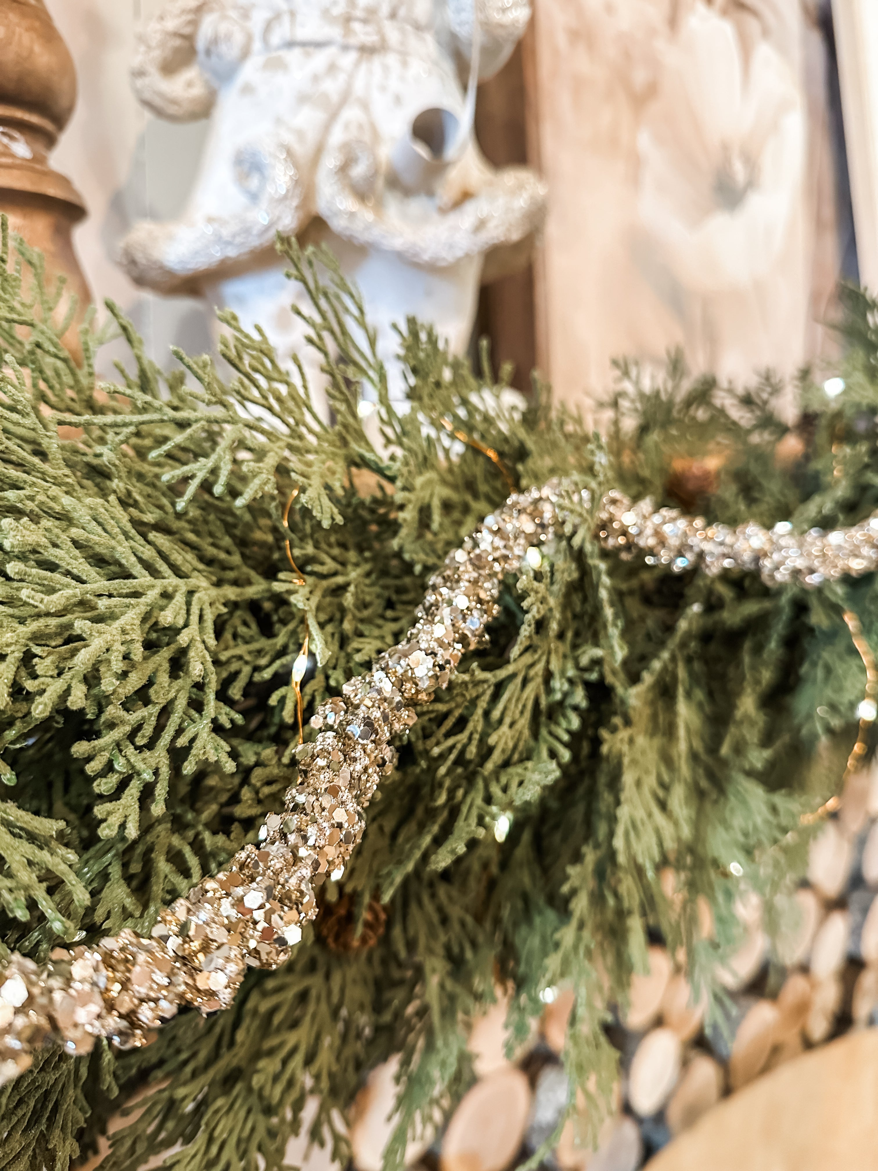 foam ball garland with glitter and champagne finish at The Rustic Barn in Killingworth CT