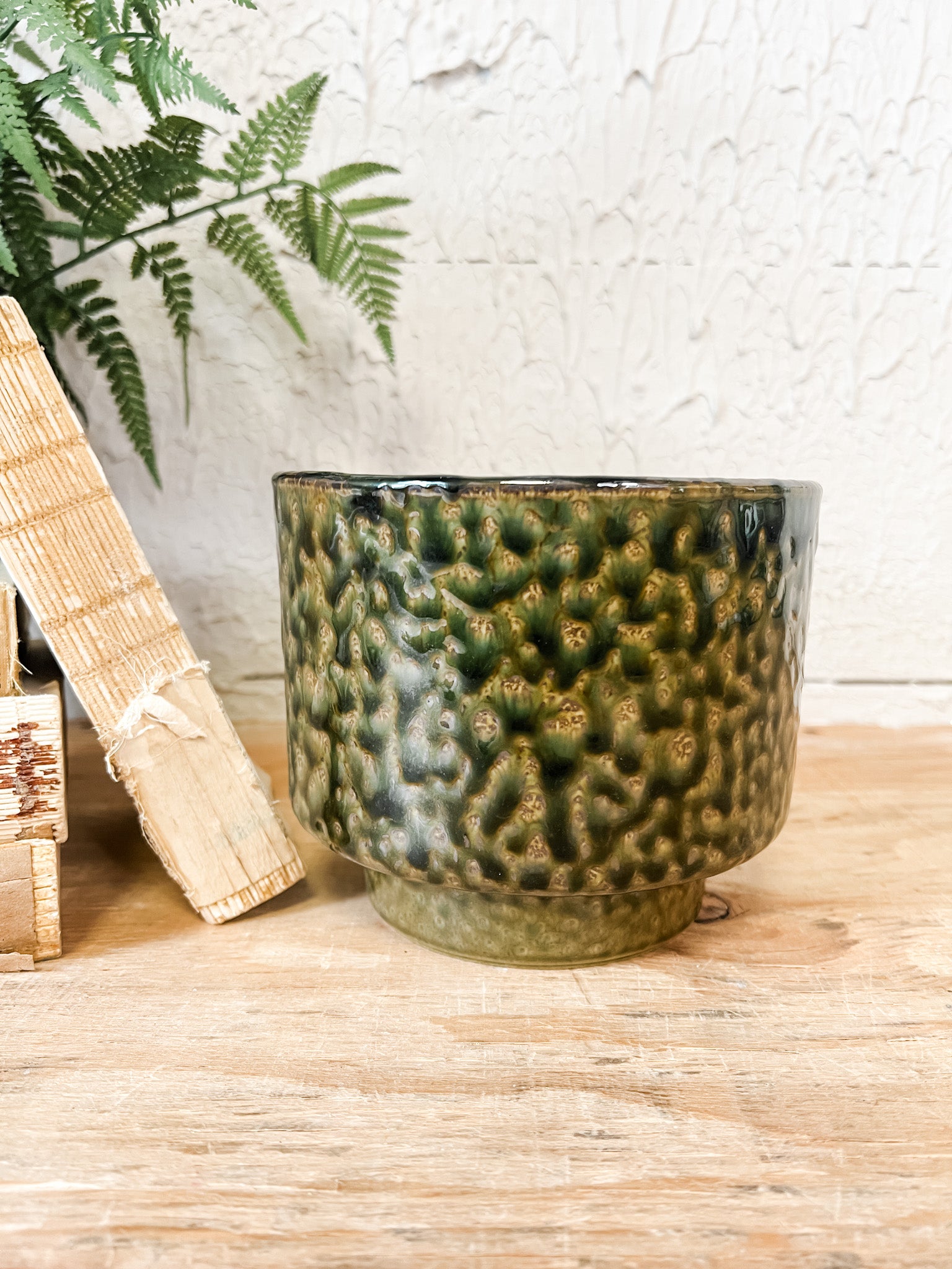 moss green footed stoneware planter at the rustic barn in killingworth ct