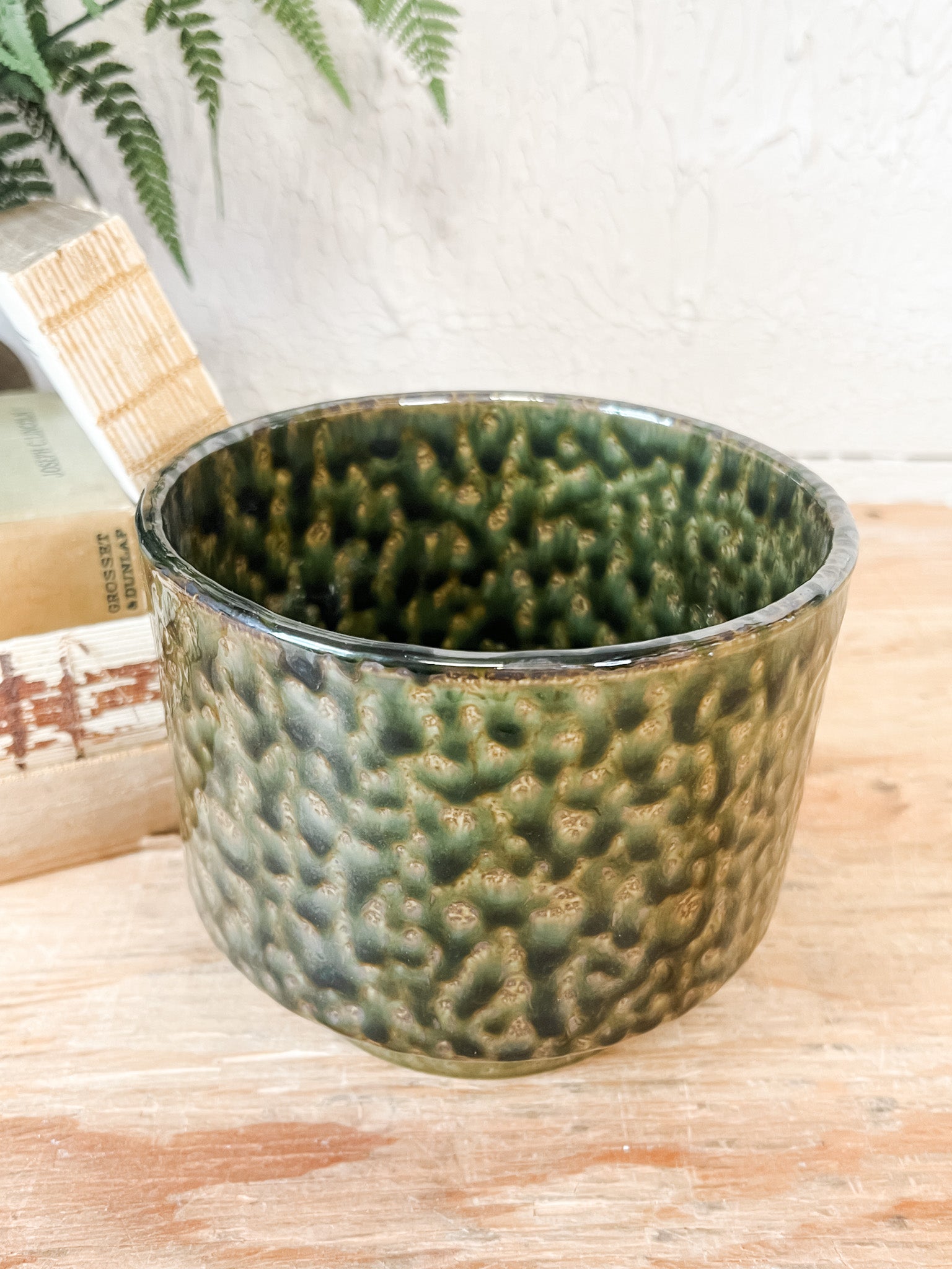 moss green footed stoneware planter at the rustic barn in killingworth ct