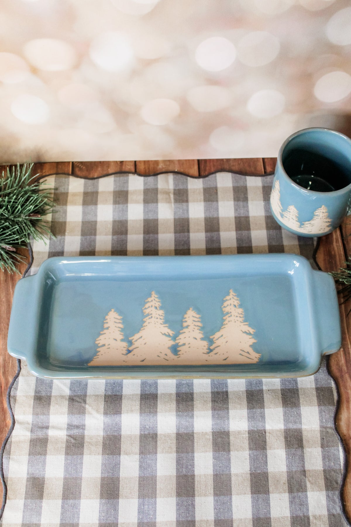 artisan blue tray with Christmas trees white for serving and the holidays for sale at the rustic barn in Killingworth, CT