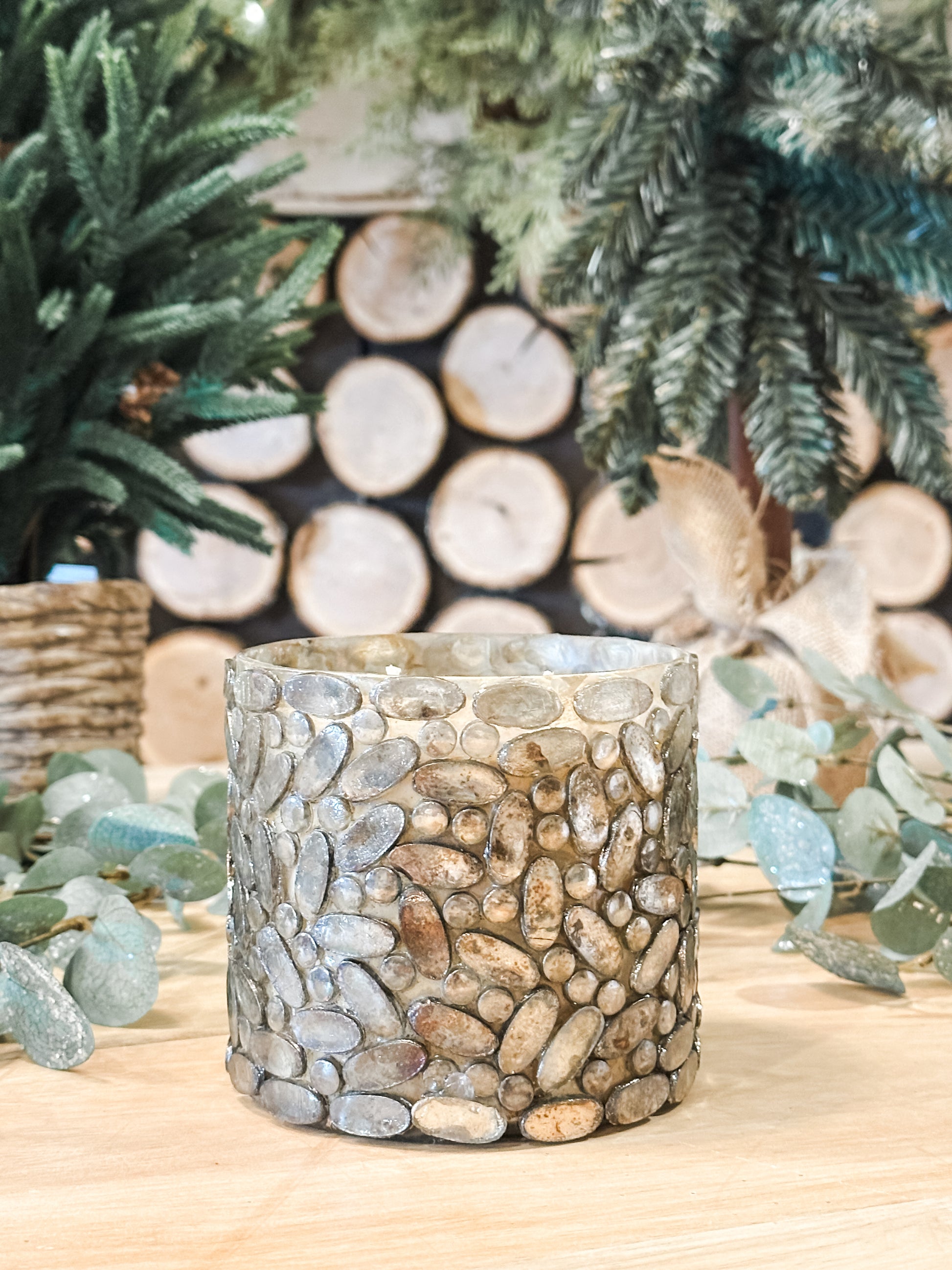 fraser fir, cypress, everygreen, and lemon scented hand-poured soy candle in 18 oz mercury glass jar at The Rustic Barn in Killingworth CT