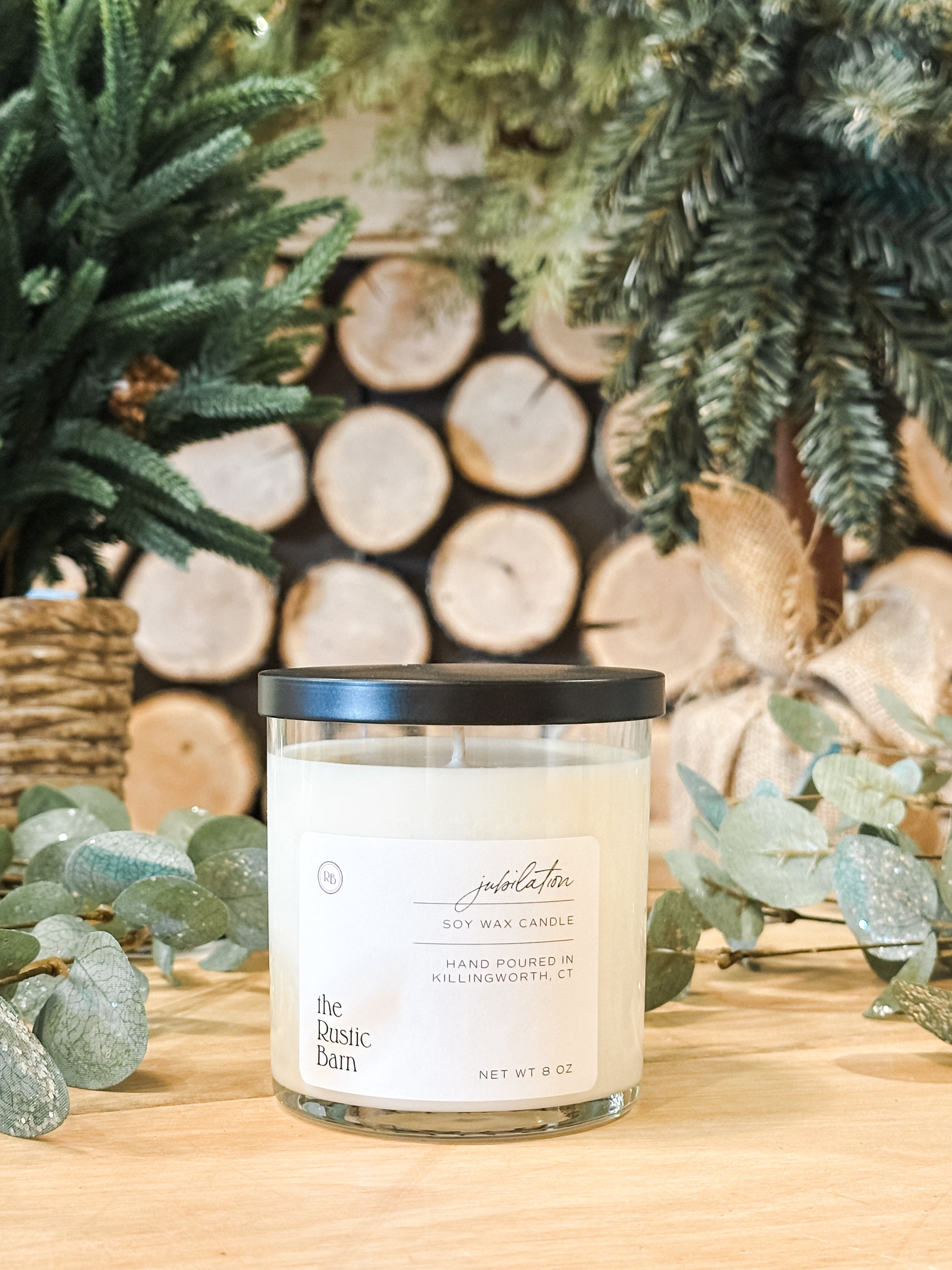 fraser fir, cypress, everygreen, and lemon scented hand-poured soy candle in 8 oz tumbler at The Rustic Barn in Killingworth CT