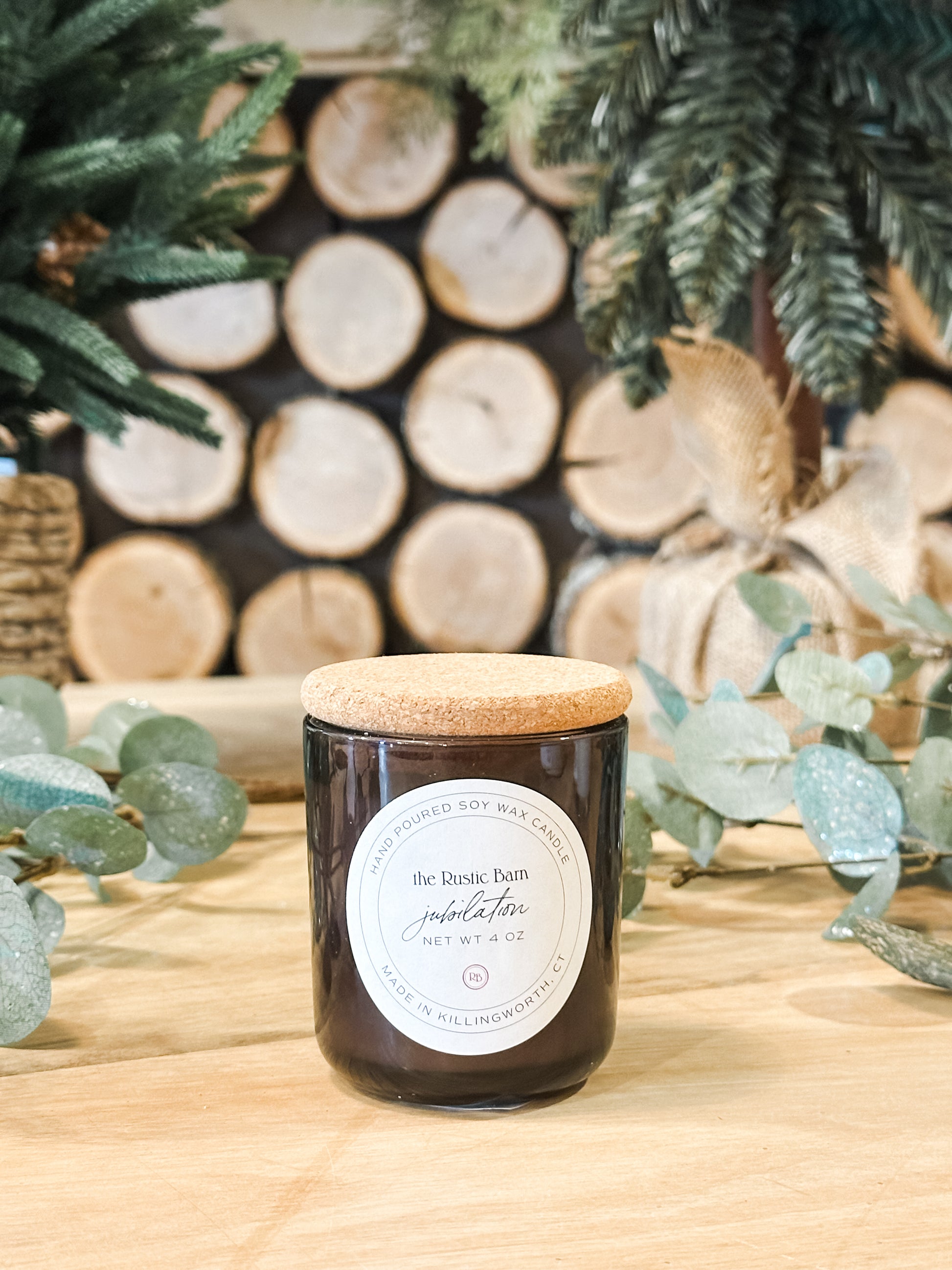 fraser fir, cypress, everygreen, and lemon scented hand-poured soy candle in 4 oz mini glass tumbler at The Rustic Barn in Killingworth CT