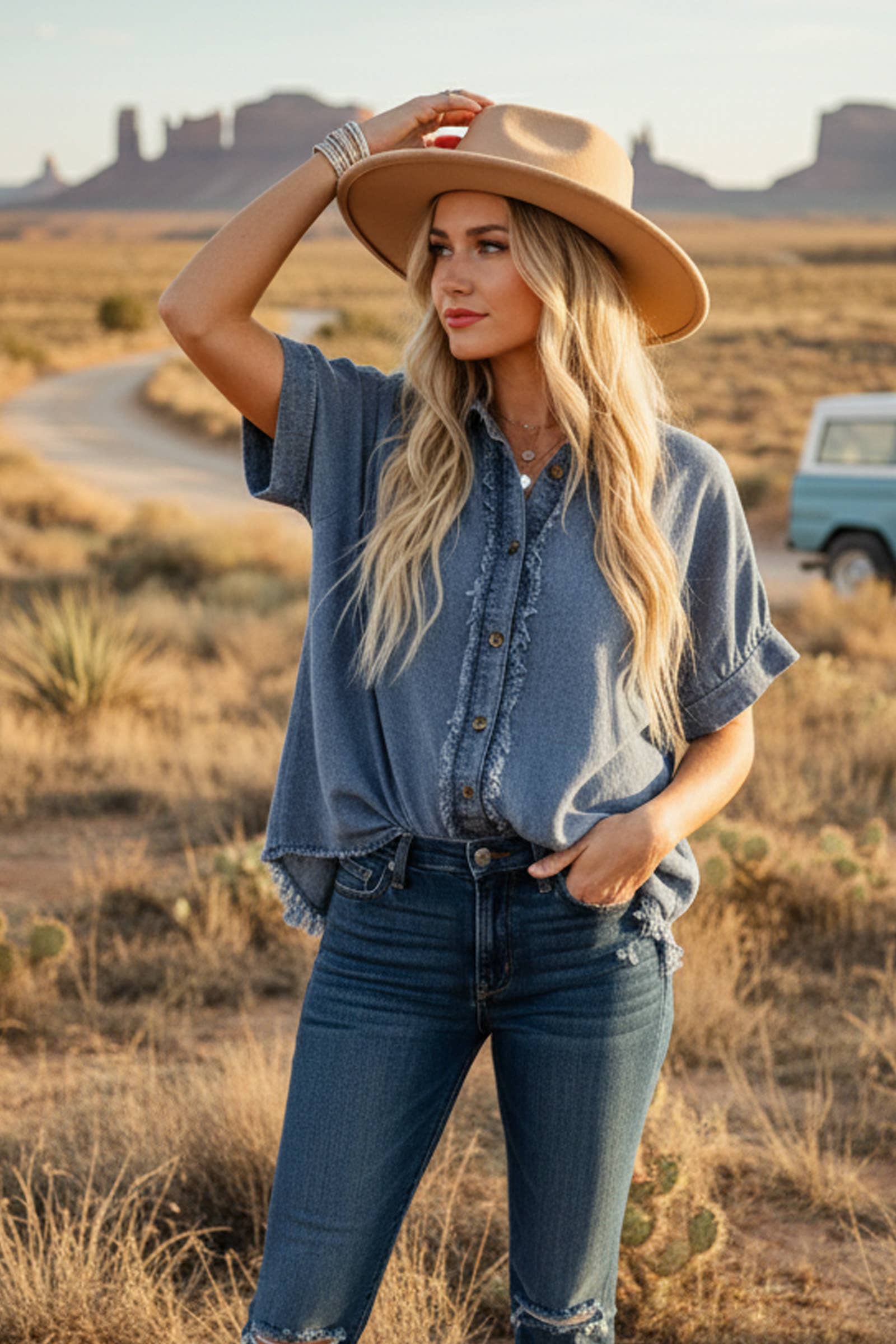 frayed trim denim button top at the rustic barn in Killingworth ct