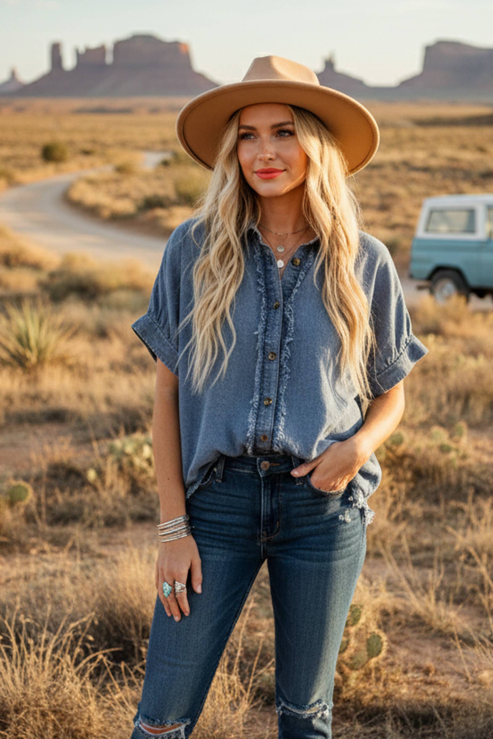 frayed trim denim button top at the rustic barn in Killingworth ct