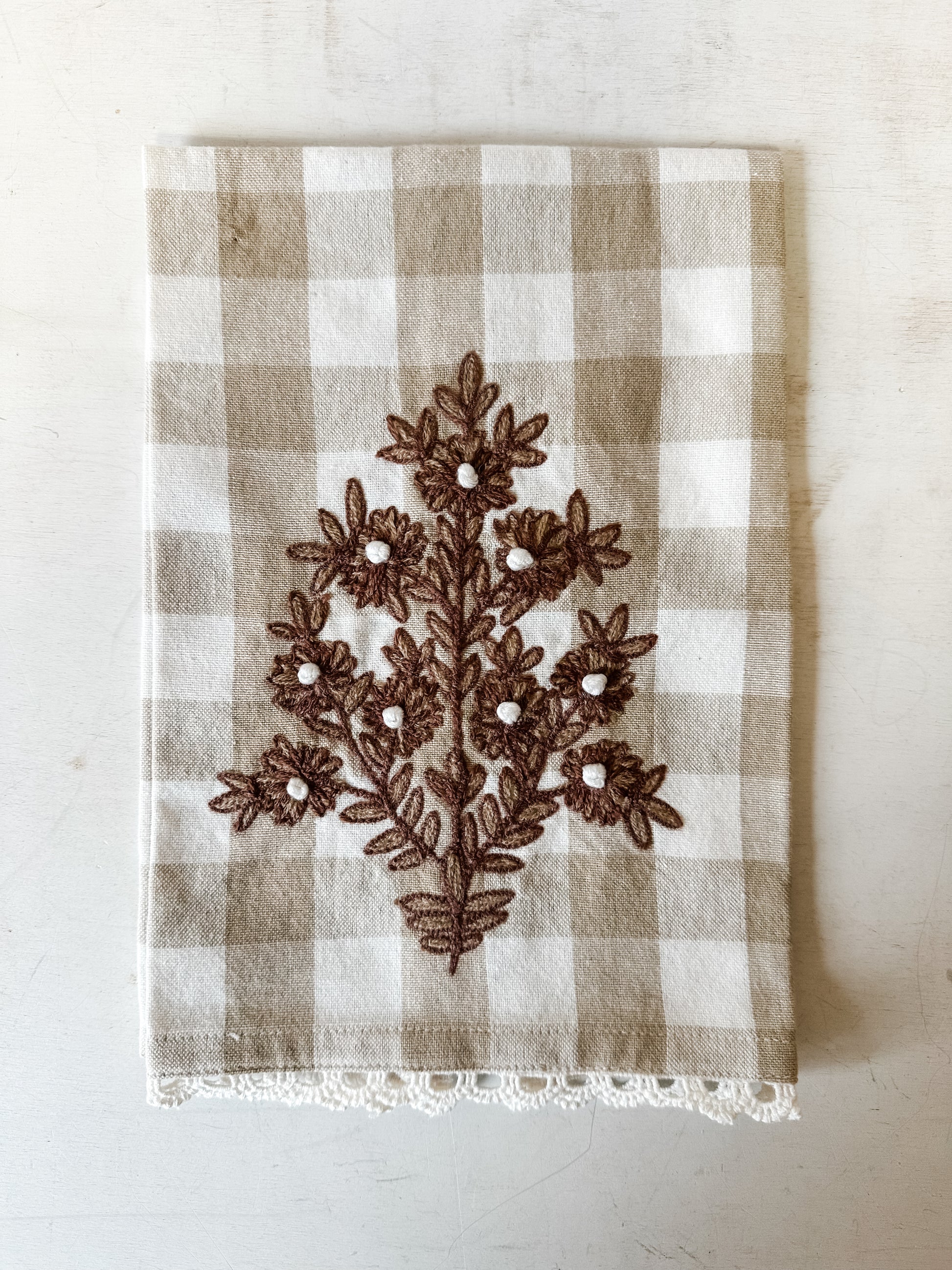 cotton tea towel with embroidered florals at The Rustic Barn in Killingworth CT